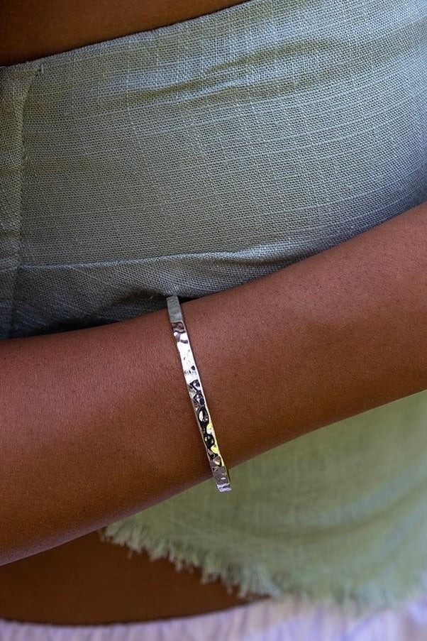 Gaia Sterling Silver Plated Soft Hammered Cuff Bangle Bracelet for Women - Elegant Boho Jewelry for Everyday Wear & Special Occasions