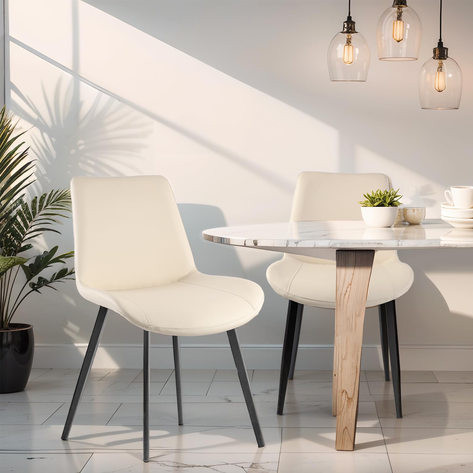 Modern PU Leather Dining Chairs Set of 2 - Sturdy Metal Legs & Upholstered Seats - Beige Accent Side Chairs for Kitchen, Living Room & Dining Room - Perfect for Family Dinners & Home Decor
