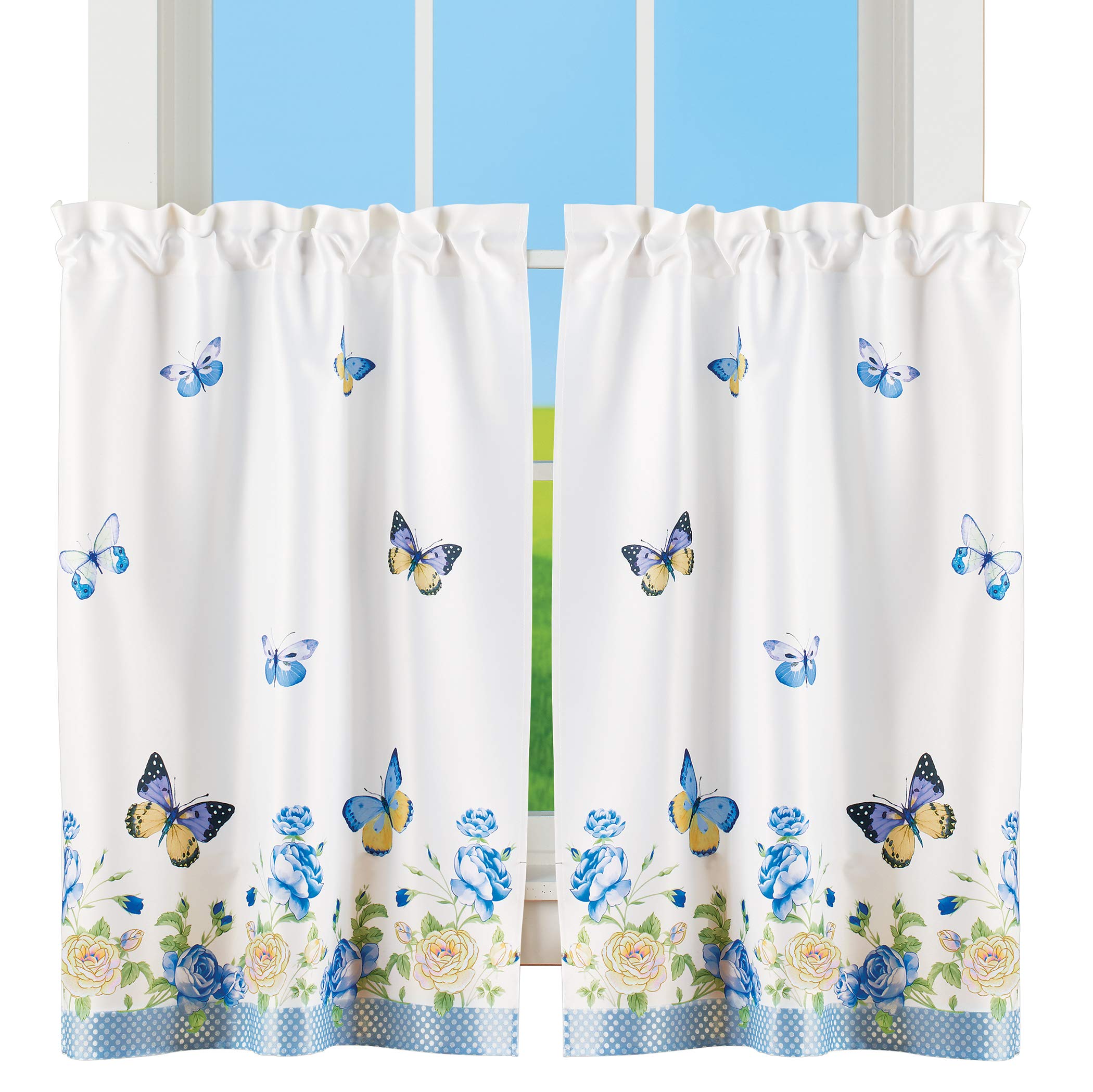 Blue & Ivory Floral Rose Butterfly Window Curtains for Living Room, Bedroom - Elegant Sheer Drapes with Floral and Butterfly Pattern, Light Filtering, Home Decor