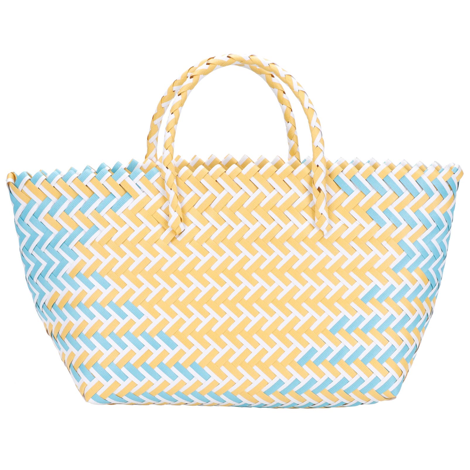 Handmade Moroccan Market Basket - Large Capacity French Wicker Straw Beach Bag for Women, Kids & Baby Toys - Perfect for Shopping, Laundry, Picnics & Beach Outings (Blue & Yellow)