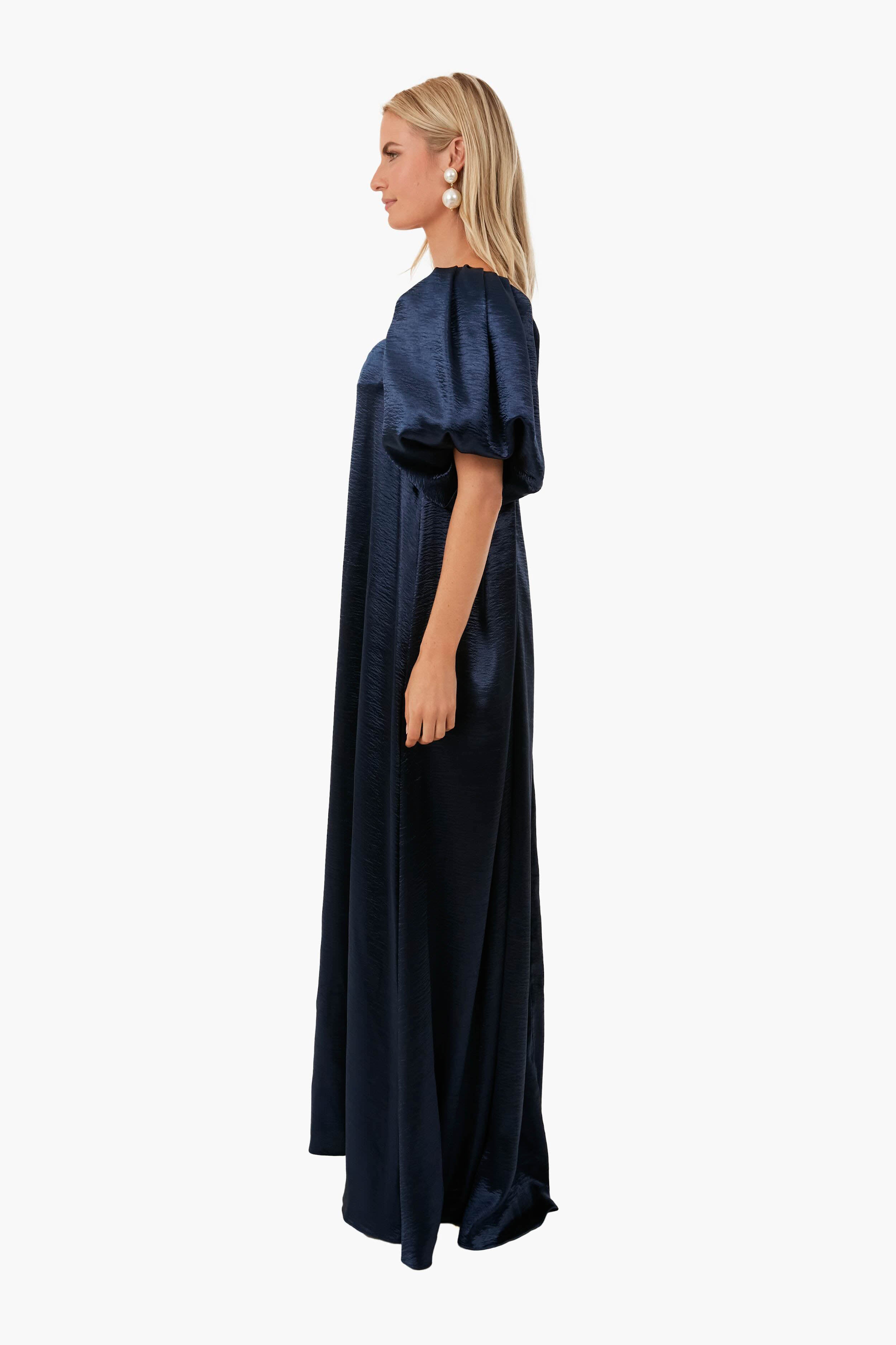 Blue Glossy Palmer Maxi Dress for Women - Elegant Long Sleeve Party Gown for Evening Events, Weddings & Special Occasions