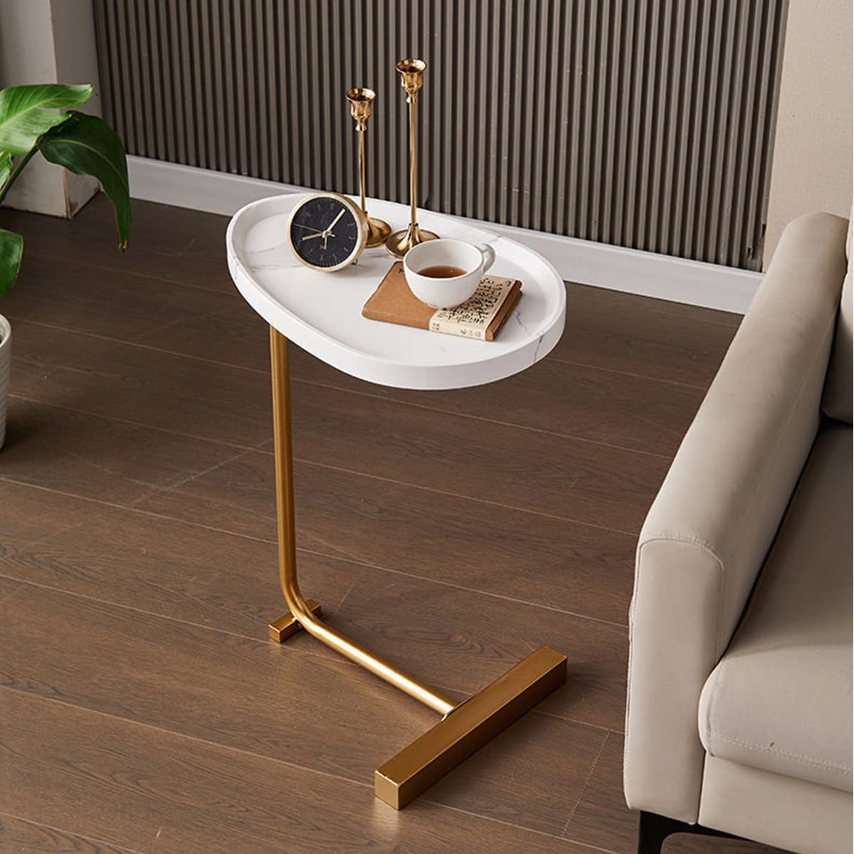 Modern C-Shaped Side Table - Round Coffee Table for Living Room, Sofa & Bedside - Gold Frame with Oval Wood Top - Slim End Table for Small Spaces (24 Inch, White) - Perfect Gift for Home Decor & TV Tray Use