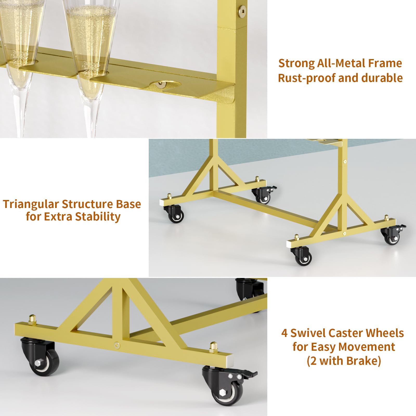 5-Tier Gold Metal Champagne Wall Holder - Holds 40 Glasses with Swivel Casters | Perfect for Weddings, Parties & Events | Sturdy Champagne Flutes Display Stand for Bars & Banquets