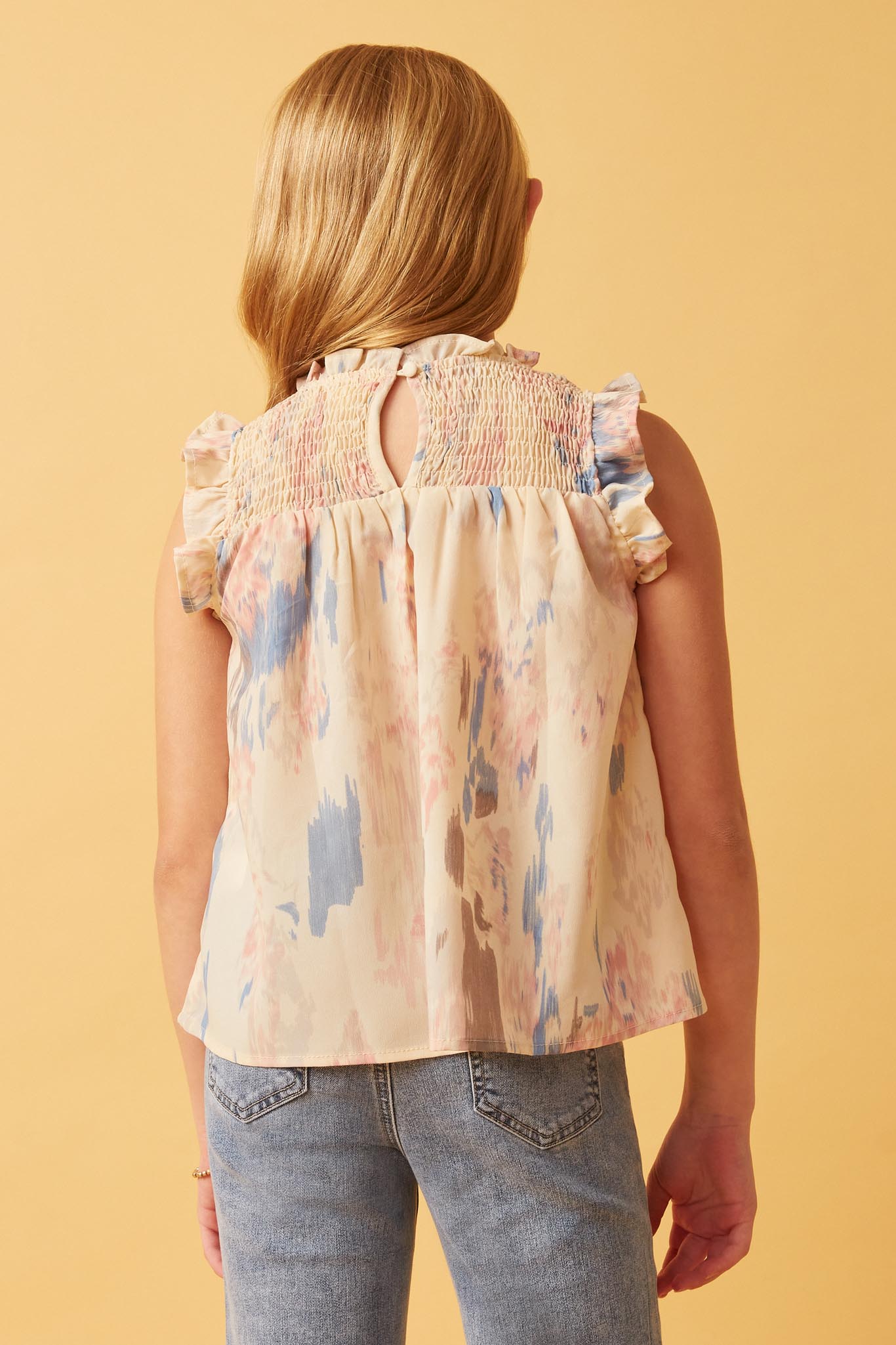 Women's Watercolor Print Smocked Ruffled Tank Top - Flowy Summer Blouse for Casual Outings & Beach Vacations