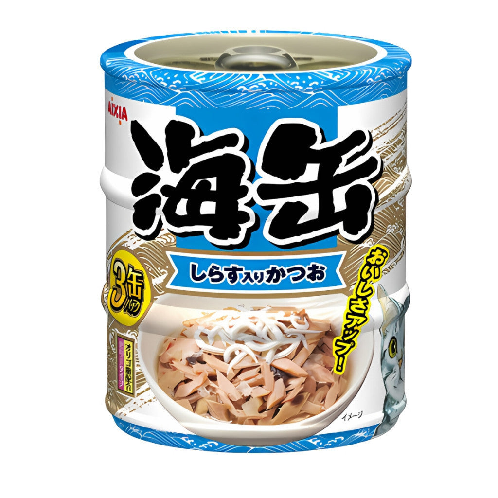 Aixia Umi Can Mini 60g x 3 Cans Skipjack Tuna & Whitebait Cat Food with Chicken Fillet & Dried Skipjack Flakes in Jelly - Delicious Wet Food for Adult Cats, Kittens, and Senior Cats - Perfect for Mealtime, Treats, or Mixing with Dry Food