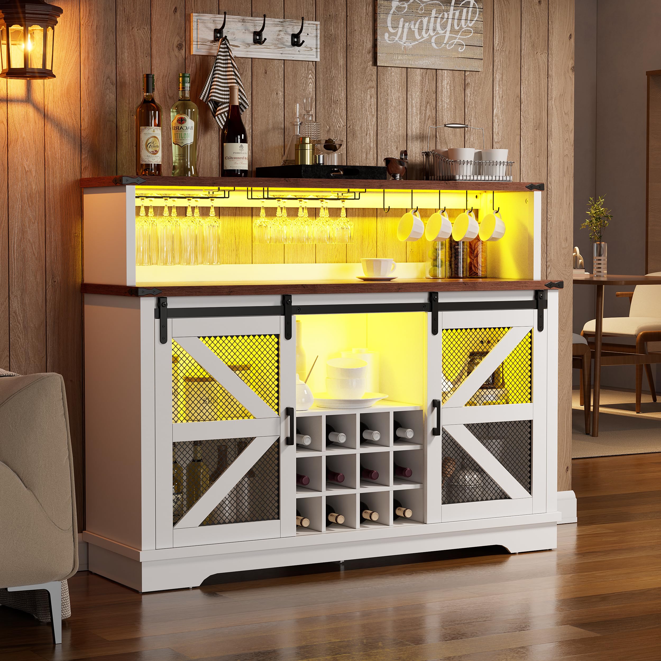 Farmhouse Wine Bar Cabinet with LED Lights - White Liquor & Coffee Bar Cabinet with Sliding Barn Door, Glass Rack & Storage Shelves - Sideboard Buffet Cabinet for Living Room, Dining Room & Home Decor - Perfect for Entertaining Guests & Displaying Glassware
