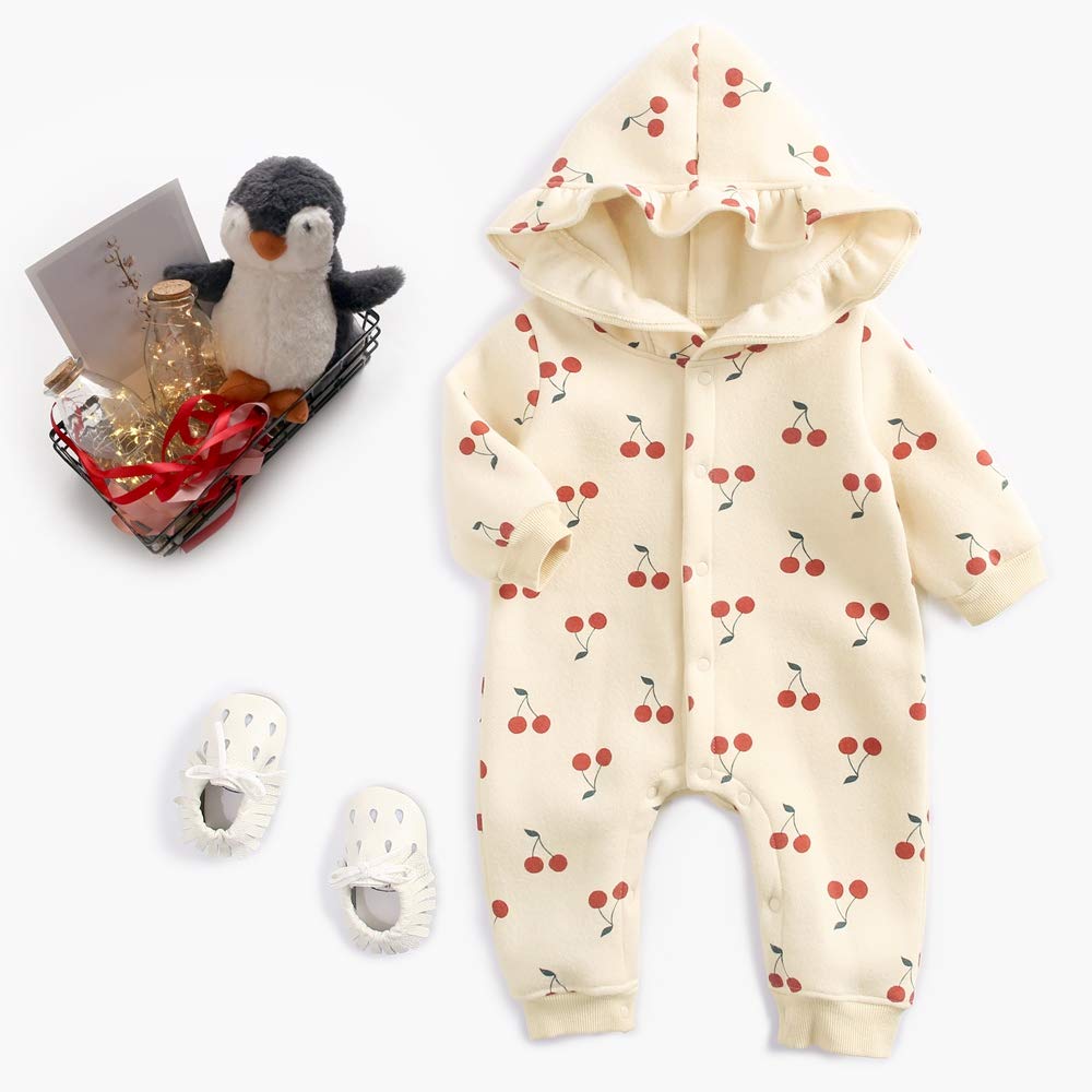 Cute Cotton Cherry Print Baby Girls Romper - Winter Newborn Bodysuit for Infants | Perfect for Holiday Photos & Cozy Winter Outfits