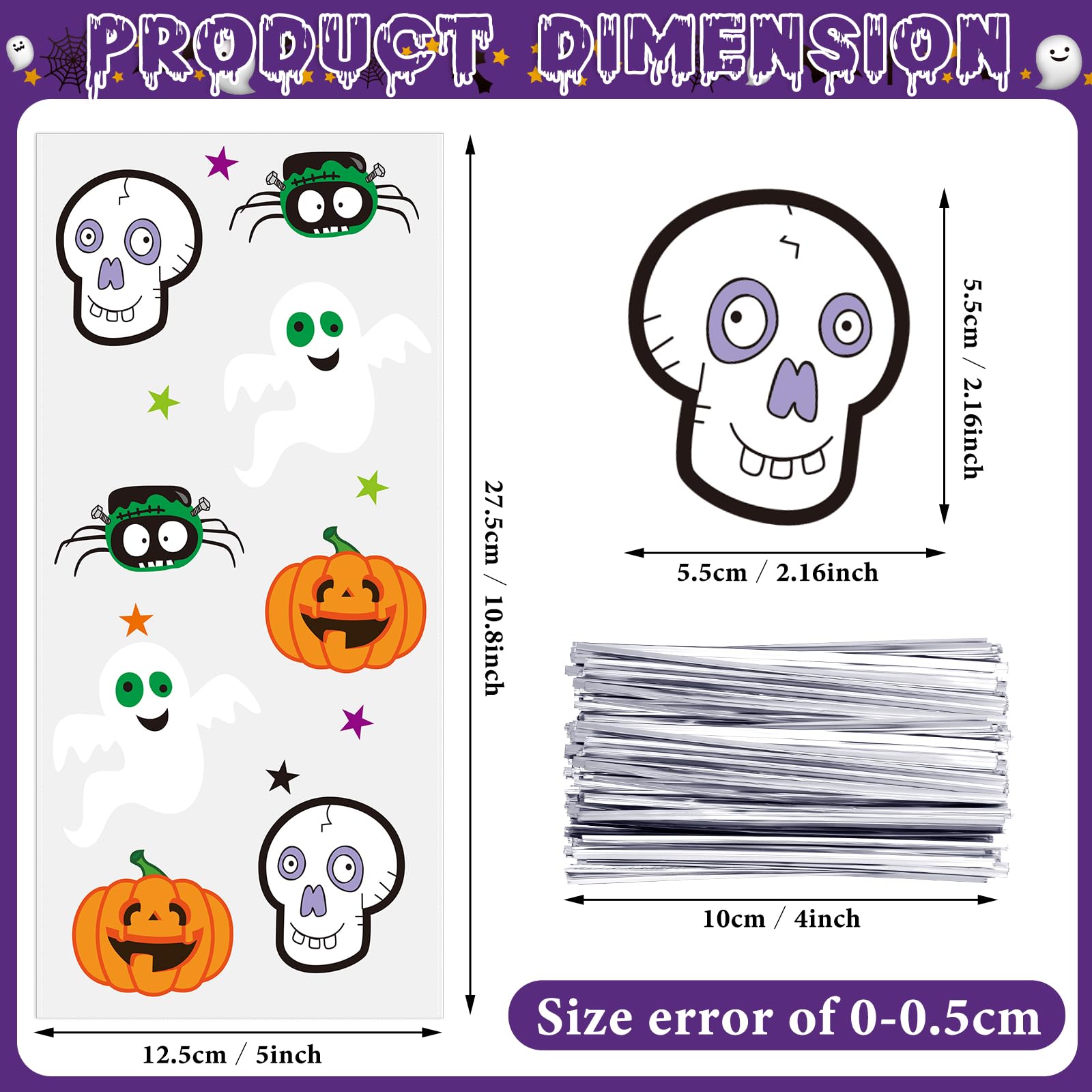 150-Pack Halloween Cellophane Candy Treat Bags - Pumpkin, Spider, Ghost & Bat Design - Bulk Goodie Bags with Twist Ties - Perfect for Halloween Party Favors, Trick-or-Treating & Classroom Treats