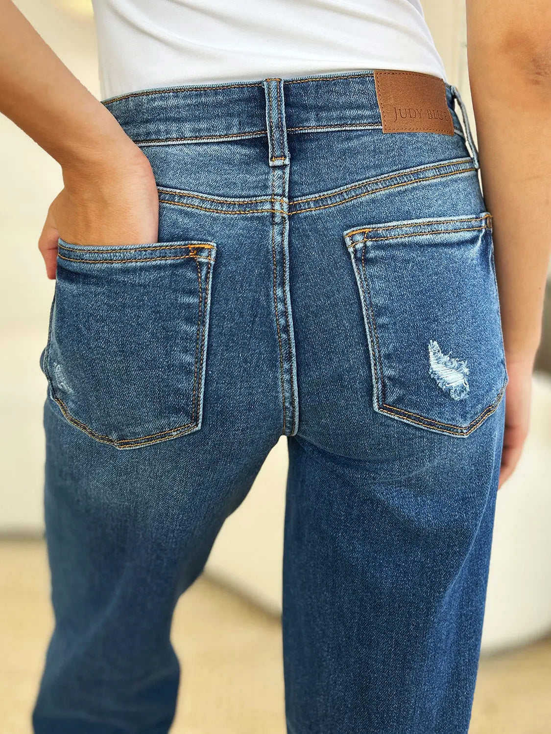 Judy Blue Women's Mid Rise Distressed Raw Hem Jeans - Comfortable Stretch Denim for Casual Wear & Everyday Outfits