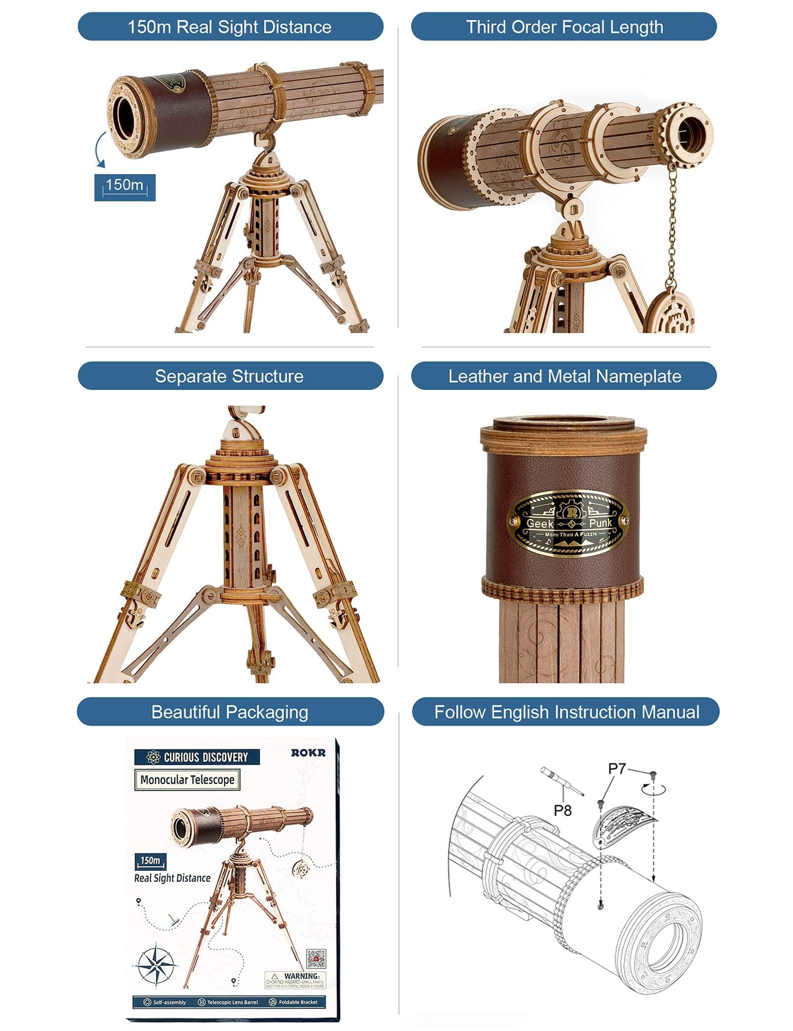 ROKR 3D Wooden Telescope Building Kit for Adults - DIY Science Model with 3X Magnification & Tripod Stand - Perfect STEM Gift for Boys, Girls & Astronomy Enthusiasts - Great for Home Decor, Educational Projects & Stargazing Activities