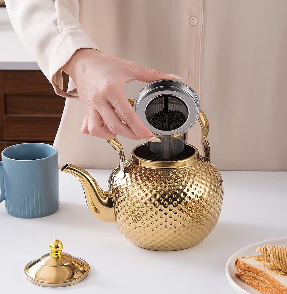 SANQIAHOME 2000ml Stainless Steel Teapot with Infuser - Gold Induction & Gas Stove Compatible Tea Kettle - Perfect for Home, Office, and Tea Ceremonies