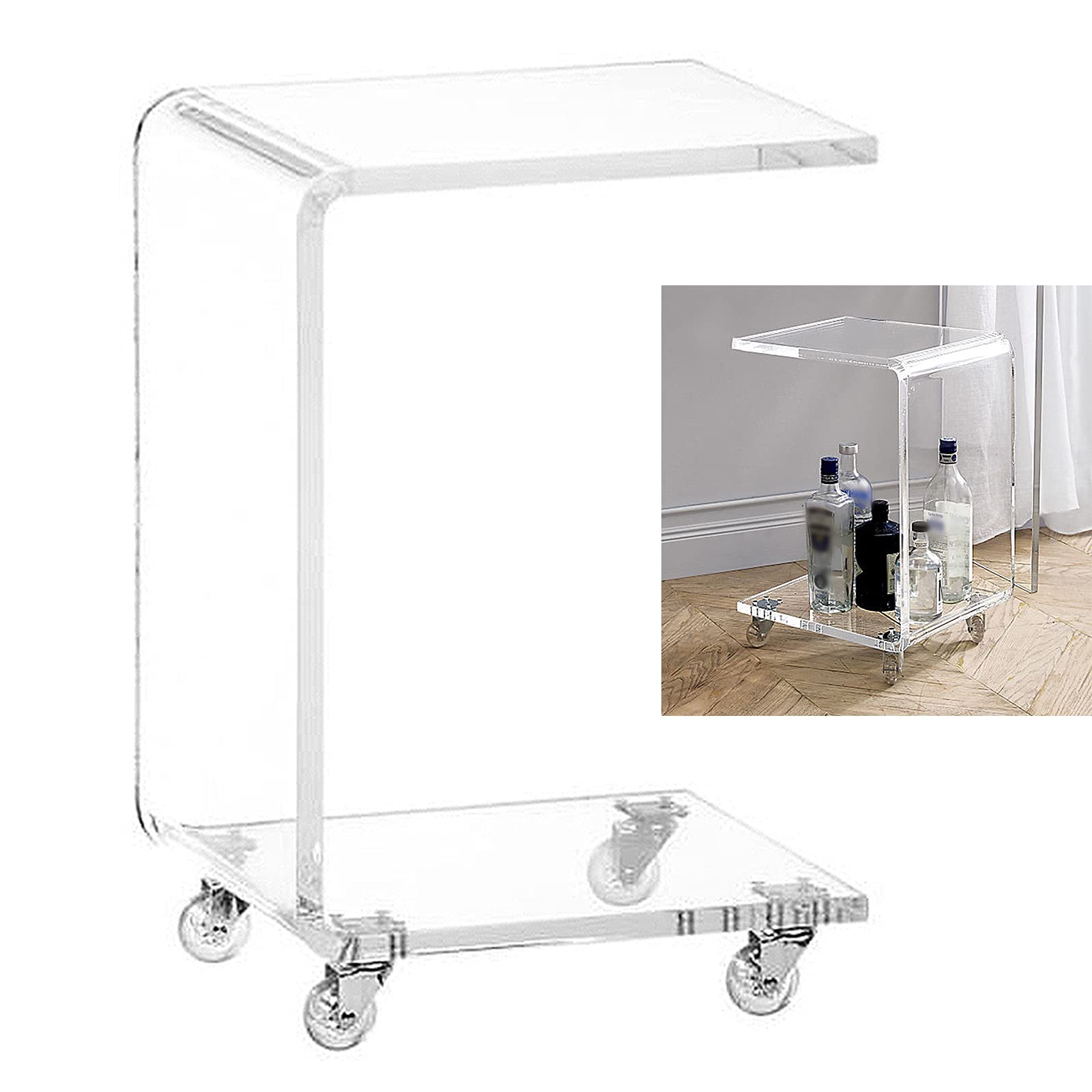 Clear Acrylic C-Shaped Rolling Side Table with Wheels - Portable End Table for Snacks, Coffee, Notebook & Tablet - Perfect for Bed, Sofa & Living Room Use