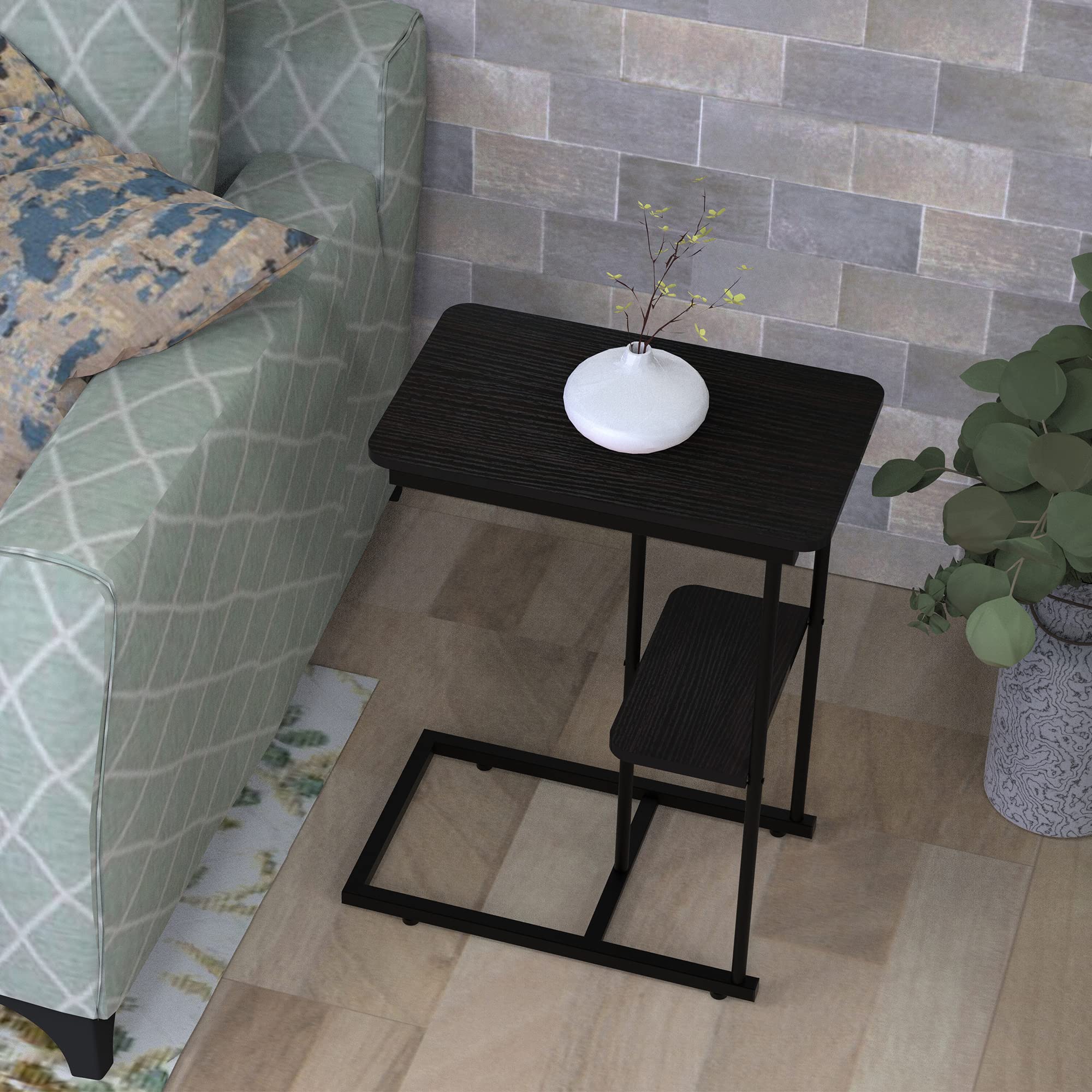 Modern Rectangular C-Shaped Metal End Table with Storage Basket - Portable Laptop Holder & Snack Table for Living Room, Bedroom, Lounge - Perfect for Small Spaces, Home Office & TV Snacking (Black)