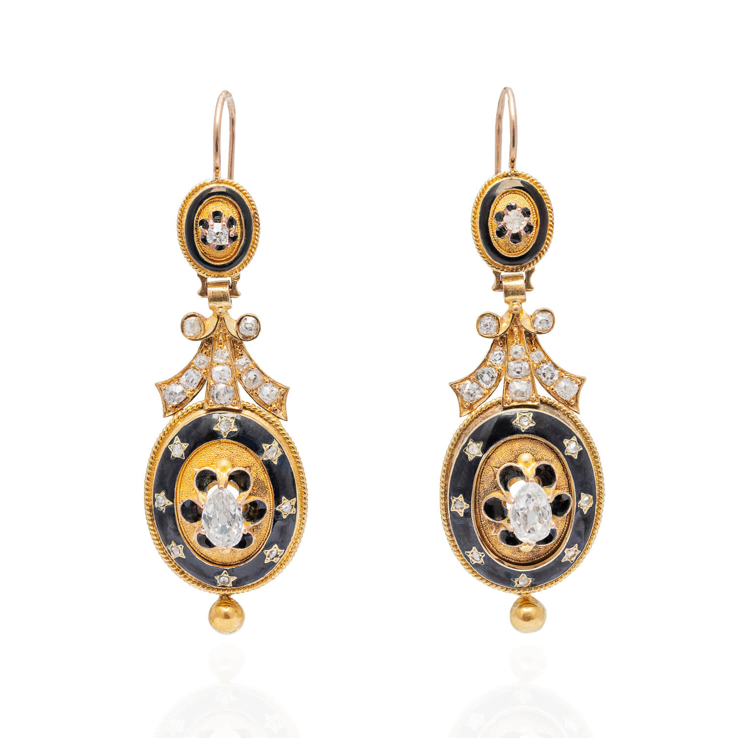 Victorian Style 15kt Gold Black Enamel Diamond Earrings 2.25ctw - Elegant Jewelry for Weddings, Parties & Special Occasions
