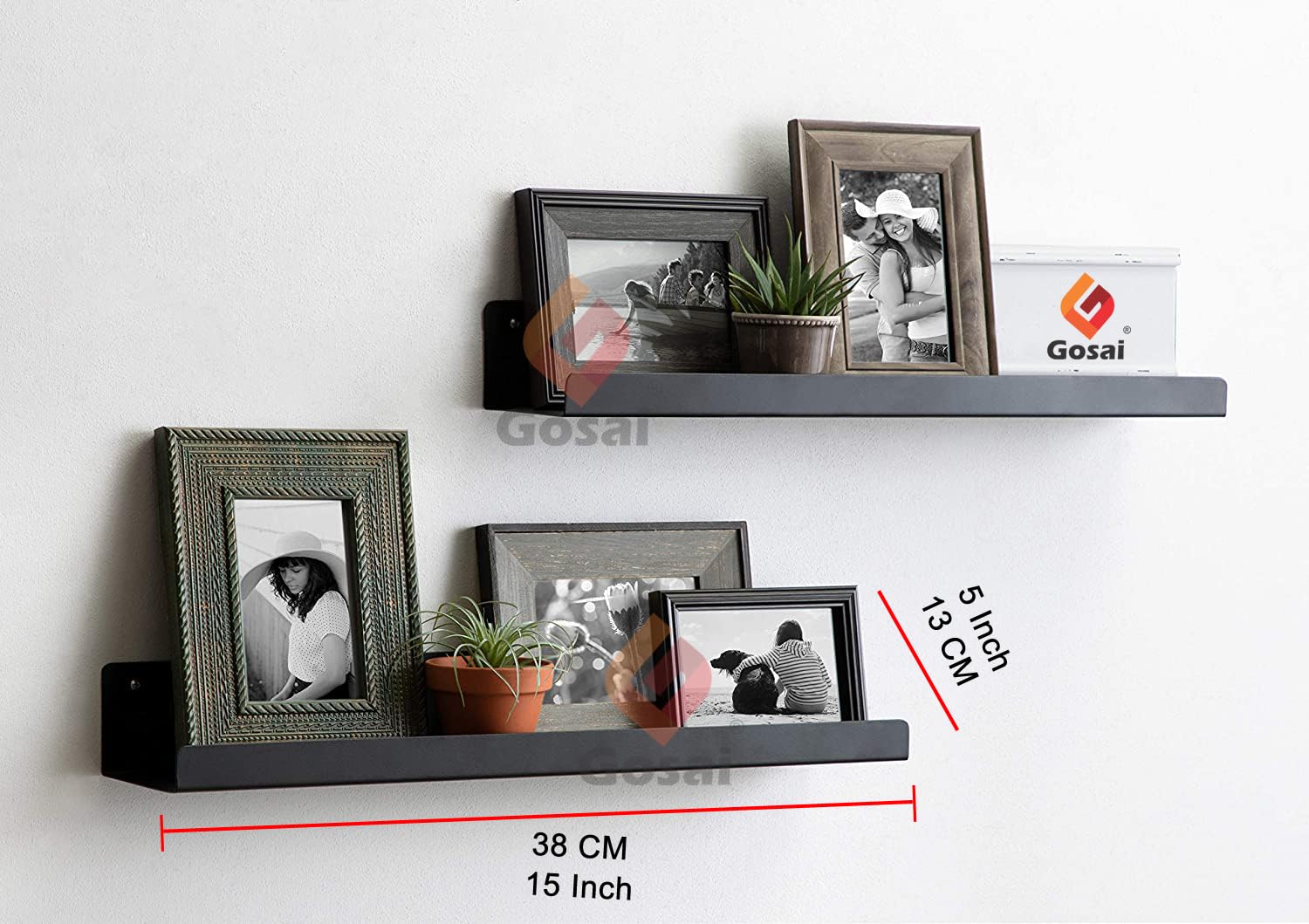 GOSAI Wall Mounted Bathroom Shelves Set of 2 - Black 15x5 Inch Floating Shelves for Bathroom, Kitchen & Bedroom Storage - Space Saving Home Decor Organizer for Towels, Toiletries & Cosmetics | Perfect for Small Spaces & Apartment Living