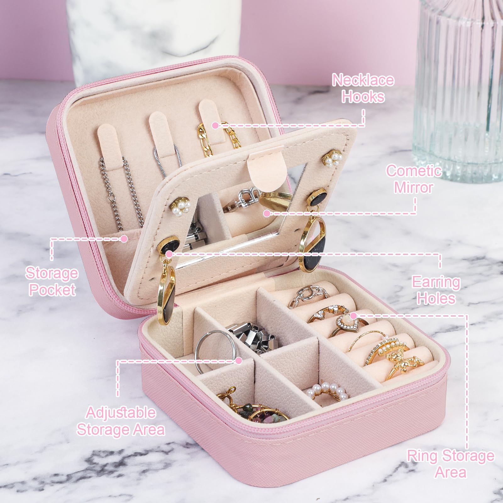 FUNARTY Pink Travel Jewelry Organizer Box with Mirror - Portable Jewelry Case for Necklaces & Earrings - Perfect Gift for Women - Compact Jewelry Storage for Travel, Vacation & Daily Use