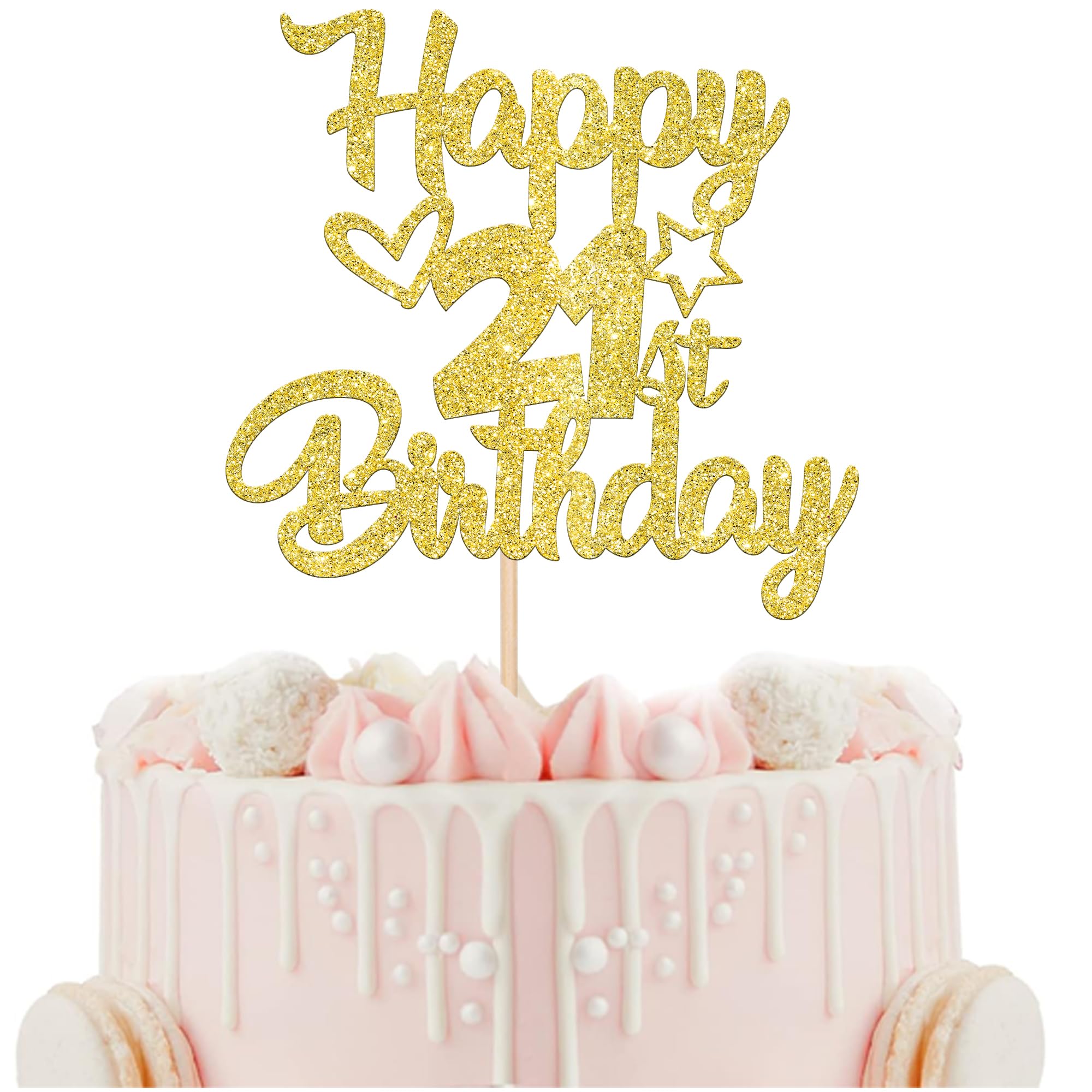 21st Birthday Cake Topper - Glitter Heart & Star Cake Decorations for 21st Birthday Party Supplies (Black) | Perfect for 21st Birthday Cakes, Cupcakes & Party Decorations