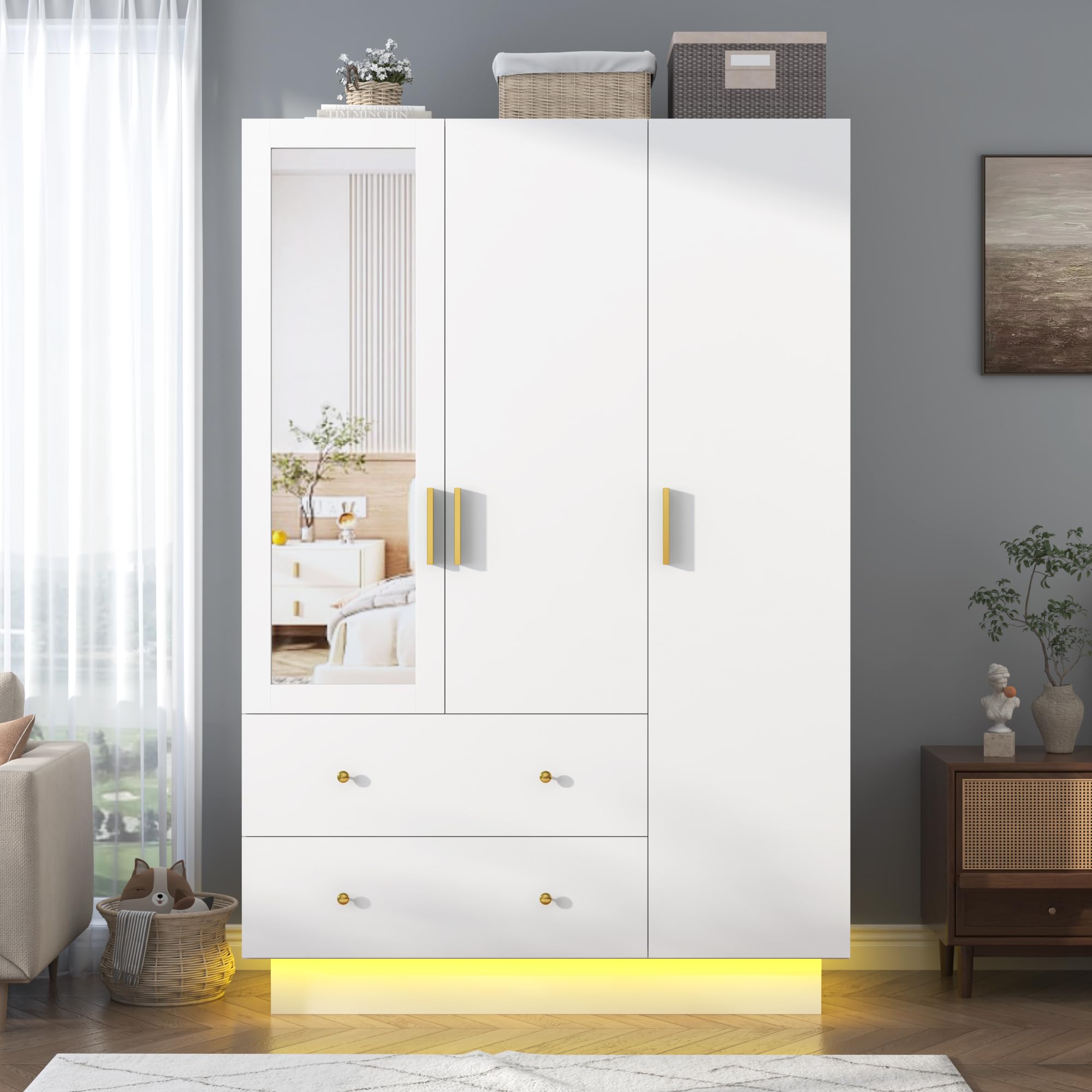 3-Door Armoire Wardrobe Closet with Full-Length Mirror & LED Lighting - Wooden Storage Cabinet with Hanging Rod, Adjustable Shelves & Drawers - White - Perfect for Bedroom, Closet Organization & Home Storage Solutions