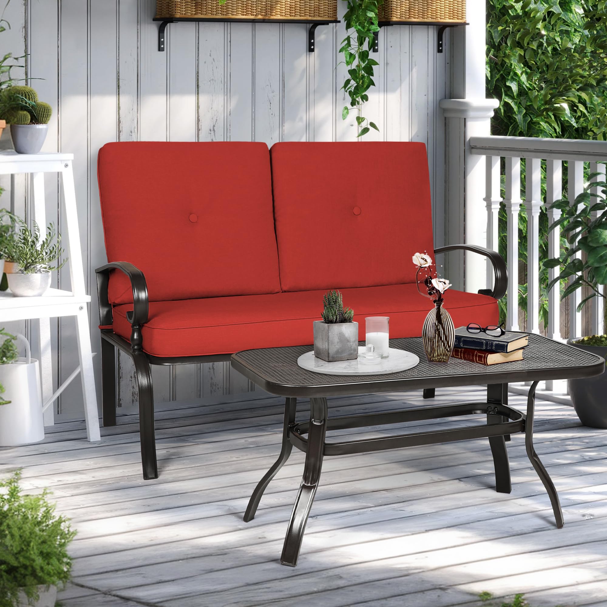 Incbruce 2-Piece Outdoor Loveseat Set with Coffee Table & Cushion - Wrought Iron Patio Bench for Garden, Poolside, Porch - Durable Metal Frame Furniture (Red) | Perfect for Relaxing in Backyard, Balcony or Outdoor Entertaining