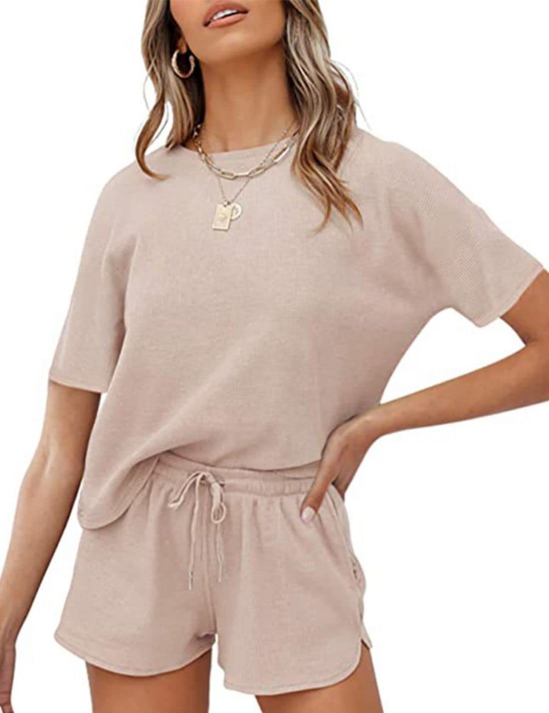 Kwoki Women's Waffle Knit Pajama Set - Short Sleeve Summer Lounge Tank Top & Shorts with Pockets | Soft Sleepwear for Women | Perfect for Bedtime, Lounging & Vacation