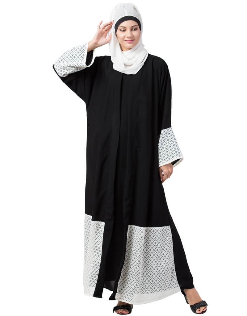 Elegant Black Arabic Abaya with Embroidered Bottom & Sleeves + Front Jacket - Modest Islamic Dress for Prayer & Special Occasions
