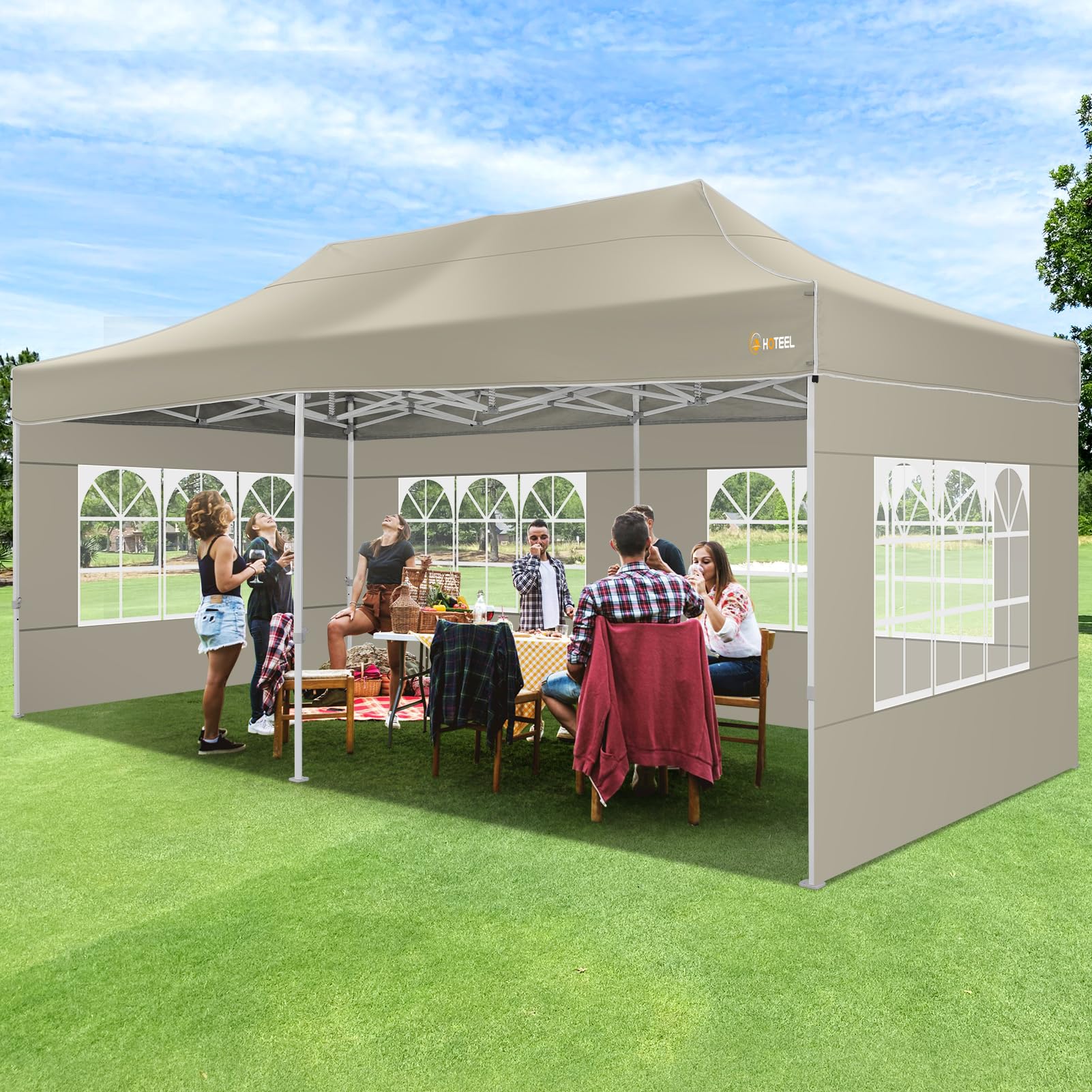 HOTEEL 10x20 Pop Up Canopy Tent - Heavy Duty Commercial Instant Gazebo with 6 Sidewalls, Roller Bag & Sand Bags - Easy Setup Hexagonal Frame for Outdoor Weddings, Parties, Events & Farmers Markets (Khaki)