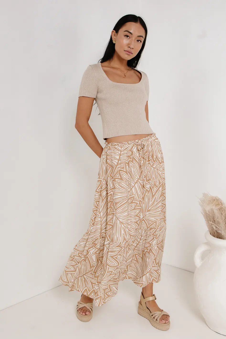 Kai Printed Skirt for Women - Khaki Flowy Midi Skirt with Elastic Waist | Perfect for Summer, Beach, Boho Outfits & Casual Wear