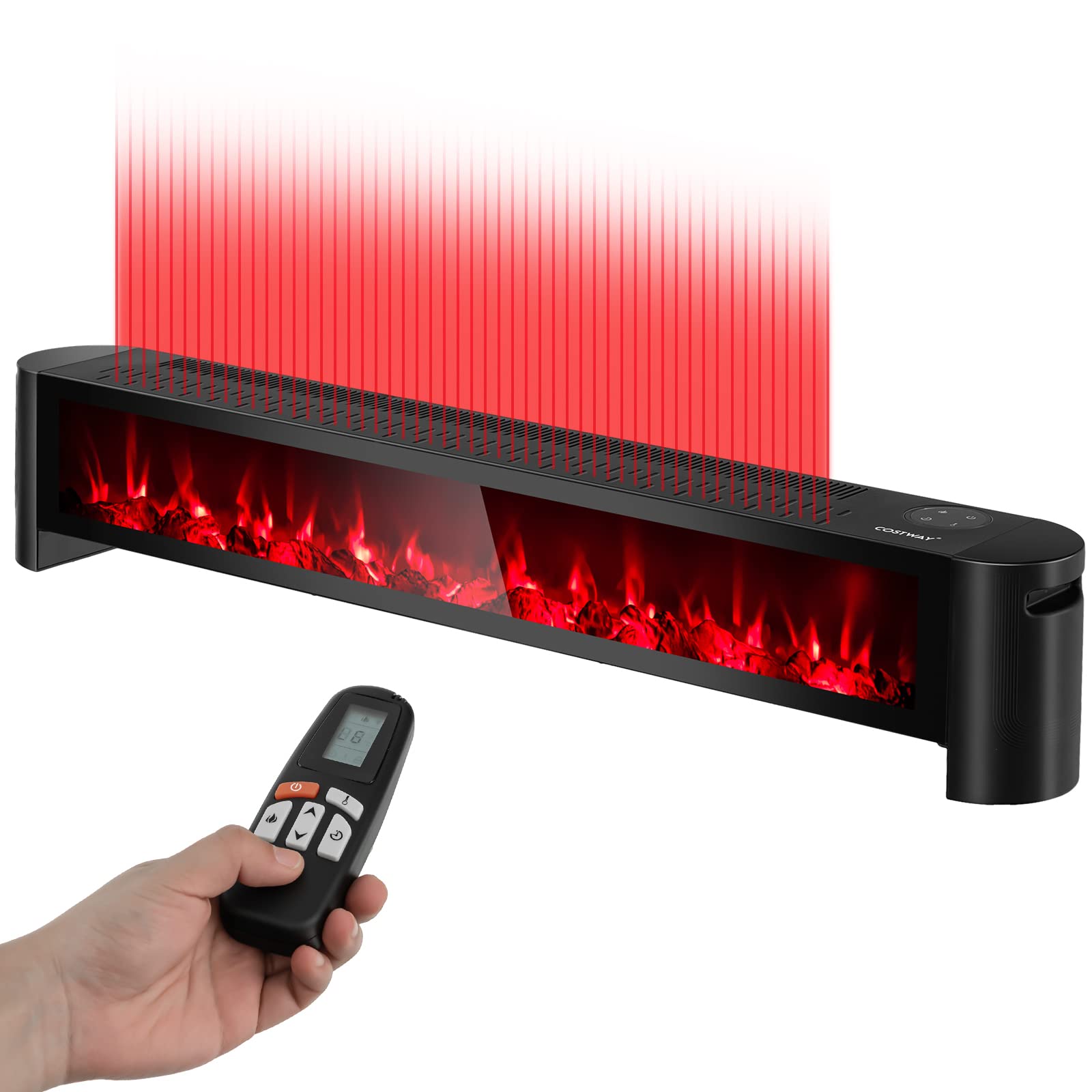 COSTWAY 1400W Electric Baseboard Heater with Remote Control - 7-Color 3D Flame Effect, Fast 5-Second Heat Up, Adjustable Thermostat (62°F-82°F), 6-Hour Timer - Portable Space Heater for Bedroom, Living Room & Office - Energy Efficient Indoor Heating Solution for Winter