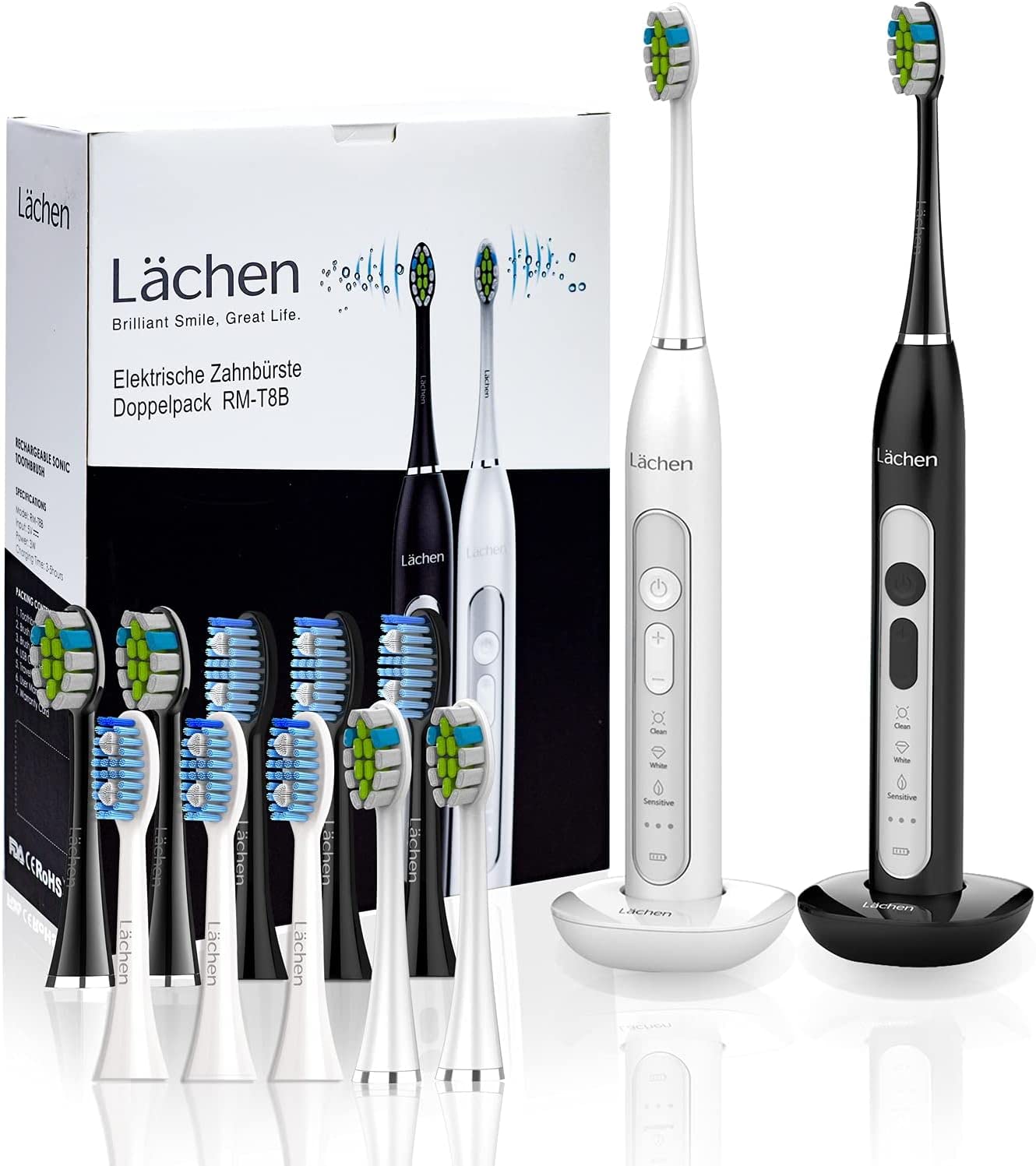 Lachen Electric Toothbrush Twin Pack RM-T8 - 2 Sonic Toothbrushes with 3 Cleaning Modes & 3 Intensity Levels, Includes 10 Replacement Brush Heads & 2 Travel Cases - Perfect for Home Use, Travel, and Family Oral Care