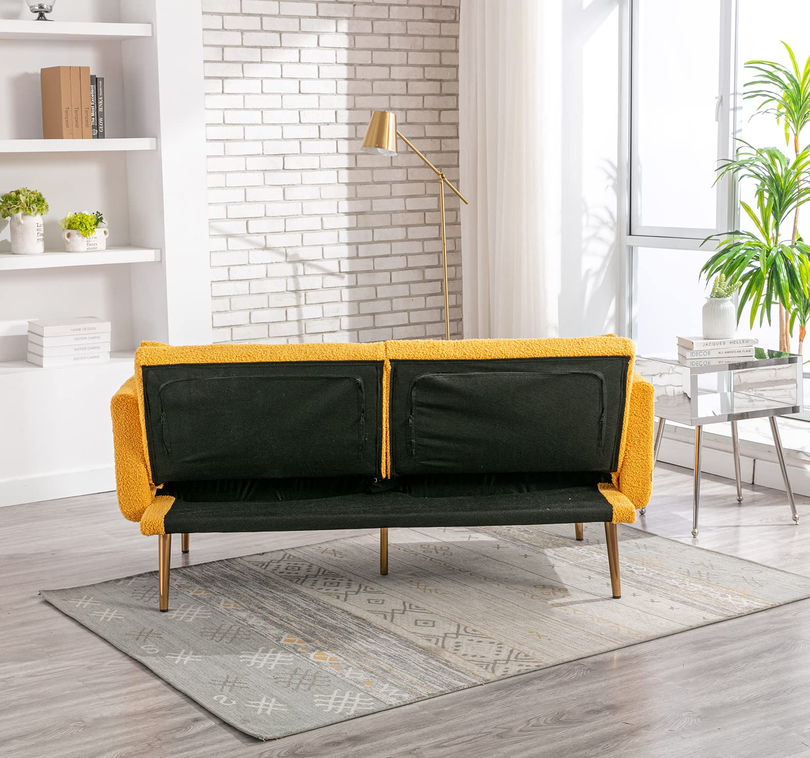 Antetek 3-Position Adjustable Futon Sofa Bed - Modern Convertible Loveseat Sleeper with 5 Metal Tapered Legs & 2 Decorative Pillows, Mustard Teddy Fabric - Perfect for Small Apartments, Guest Rooms & Home Offices