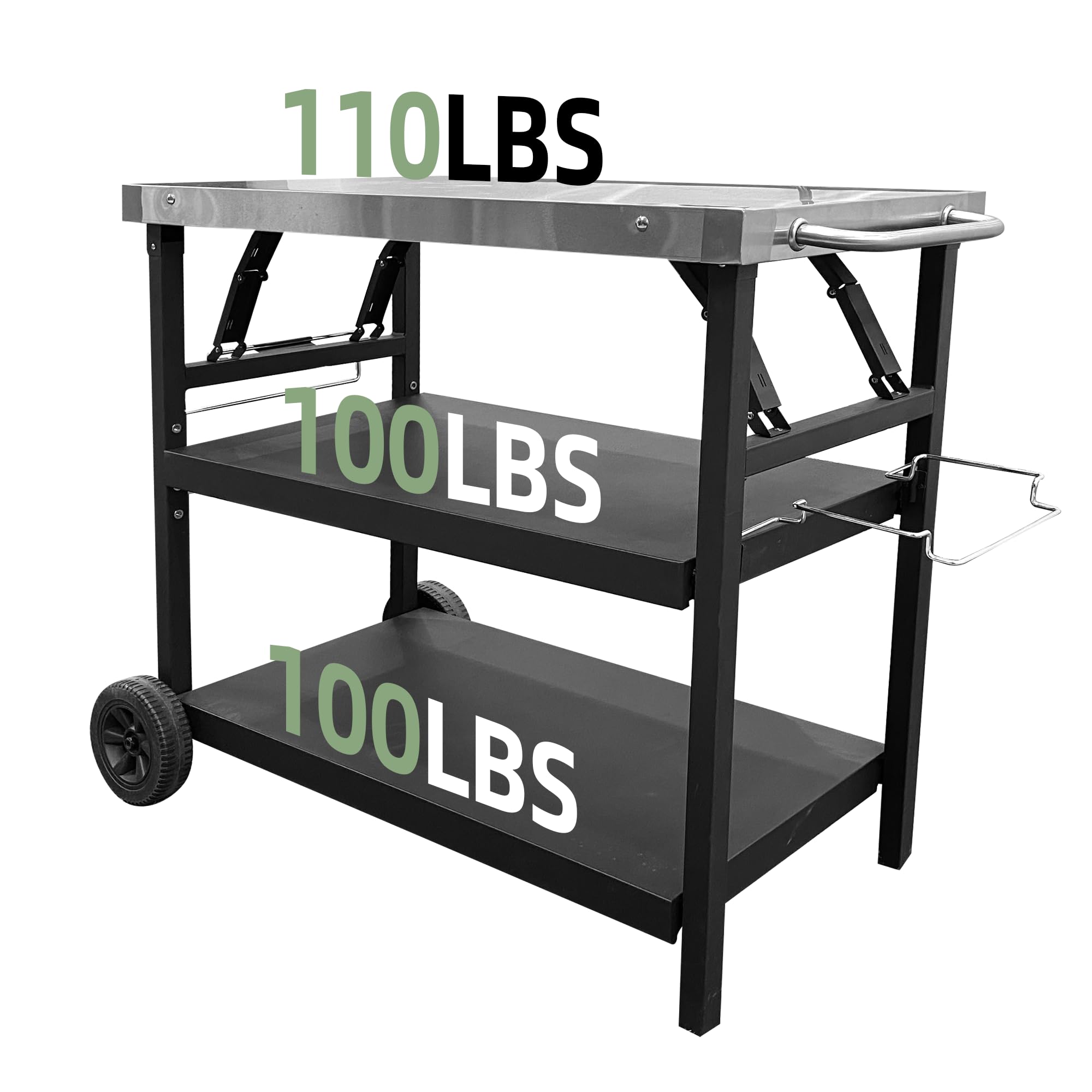 Thunderbay Foldable 3-Tier Stainless Steel Grill Cart - Portable Outdoor Food Prep Table with Wheels for BBQ, Pizza Oven & Tool Storage - Perfect for Backyard, Camping & Patio Parties