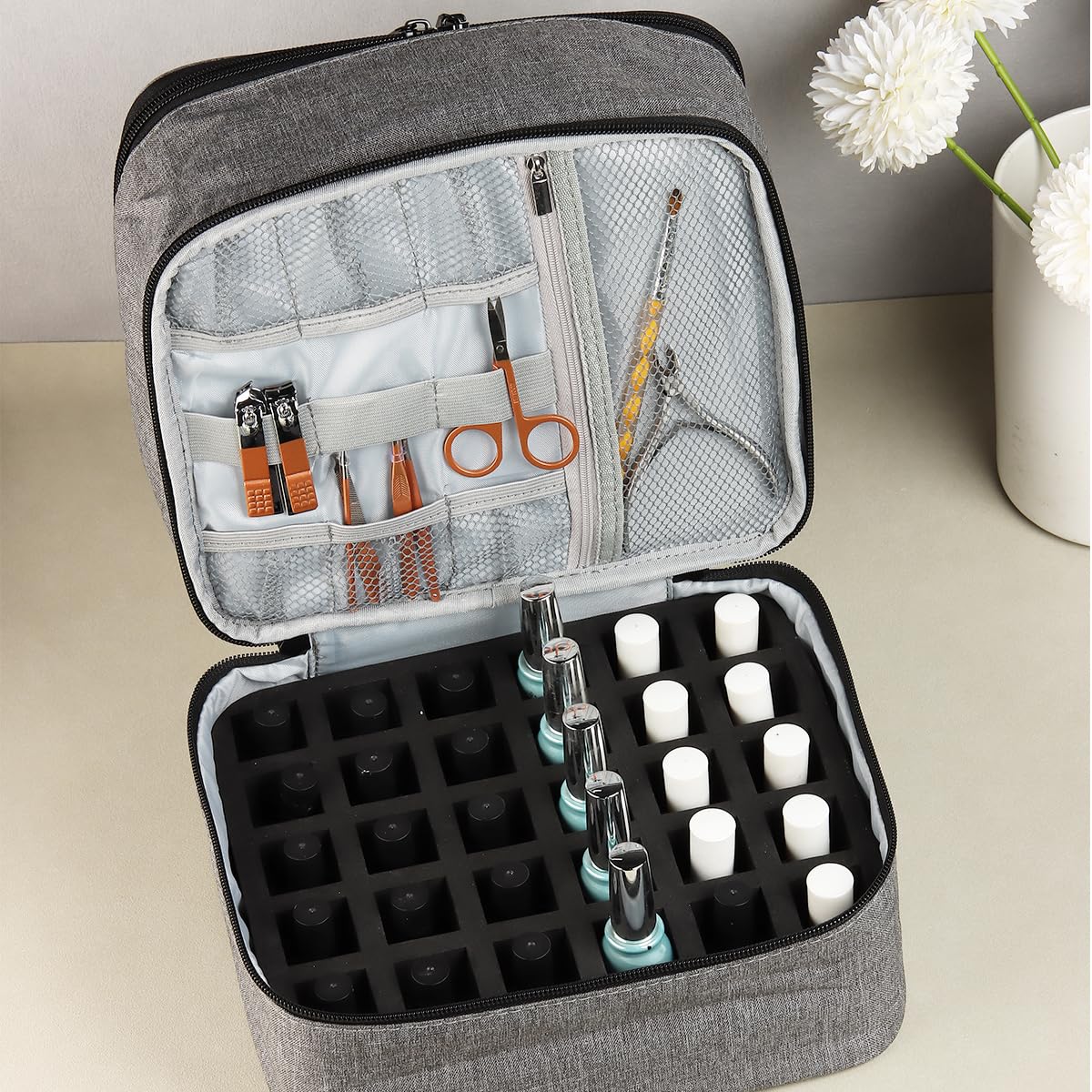 30 Bottle Nail Polish Organizer Case - Portable Nail Polish Storage Holder with Removable Sections & Nail Lamp Storage Bag - Perfect for Salon Professionals, Travel & Home Manicure Organization