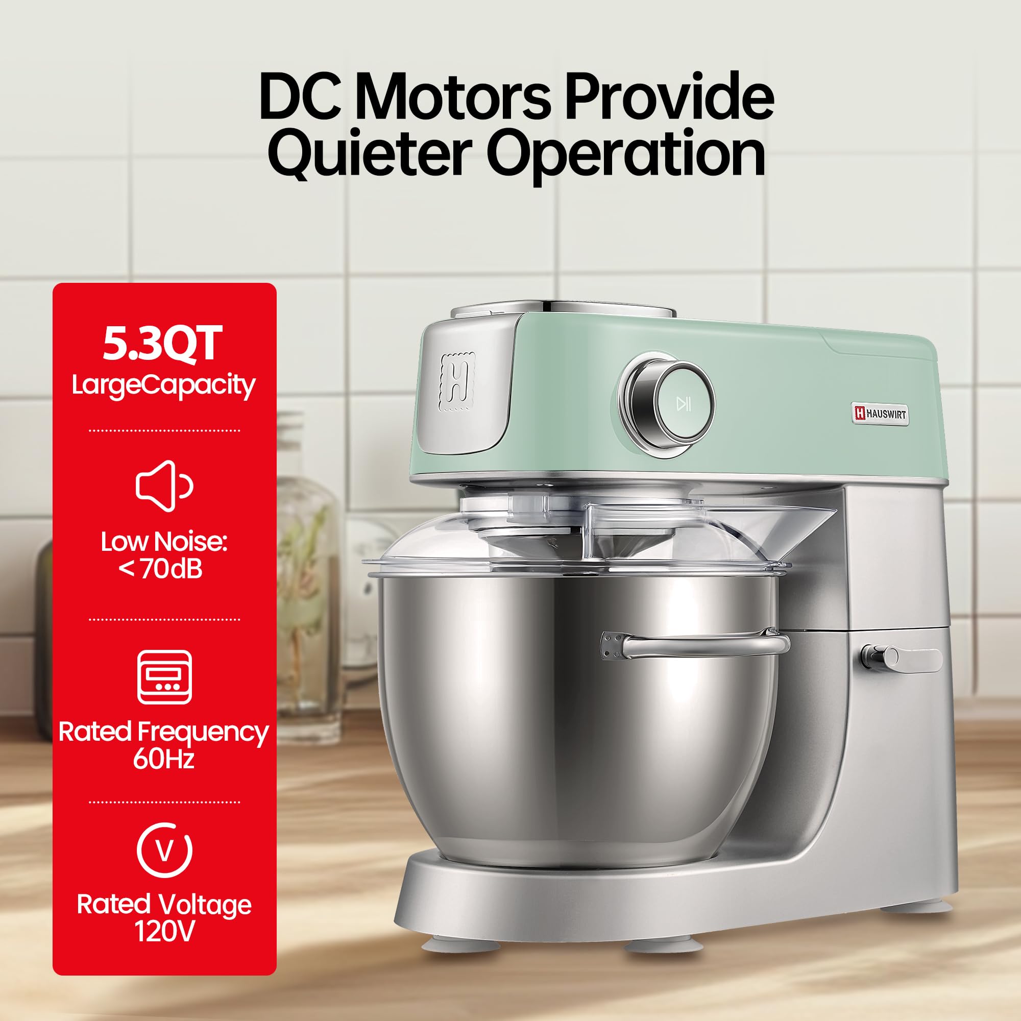 Hauswirt M5 Premium Smart Stand Mixer with LED Touchscreen - 5.3Qt Capacity, 11 Speed Settings, Includes Egg Whisk, Dough Hook & Beater - Perfect for Baking Bread, Cakes & Cookies (Lake Green)