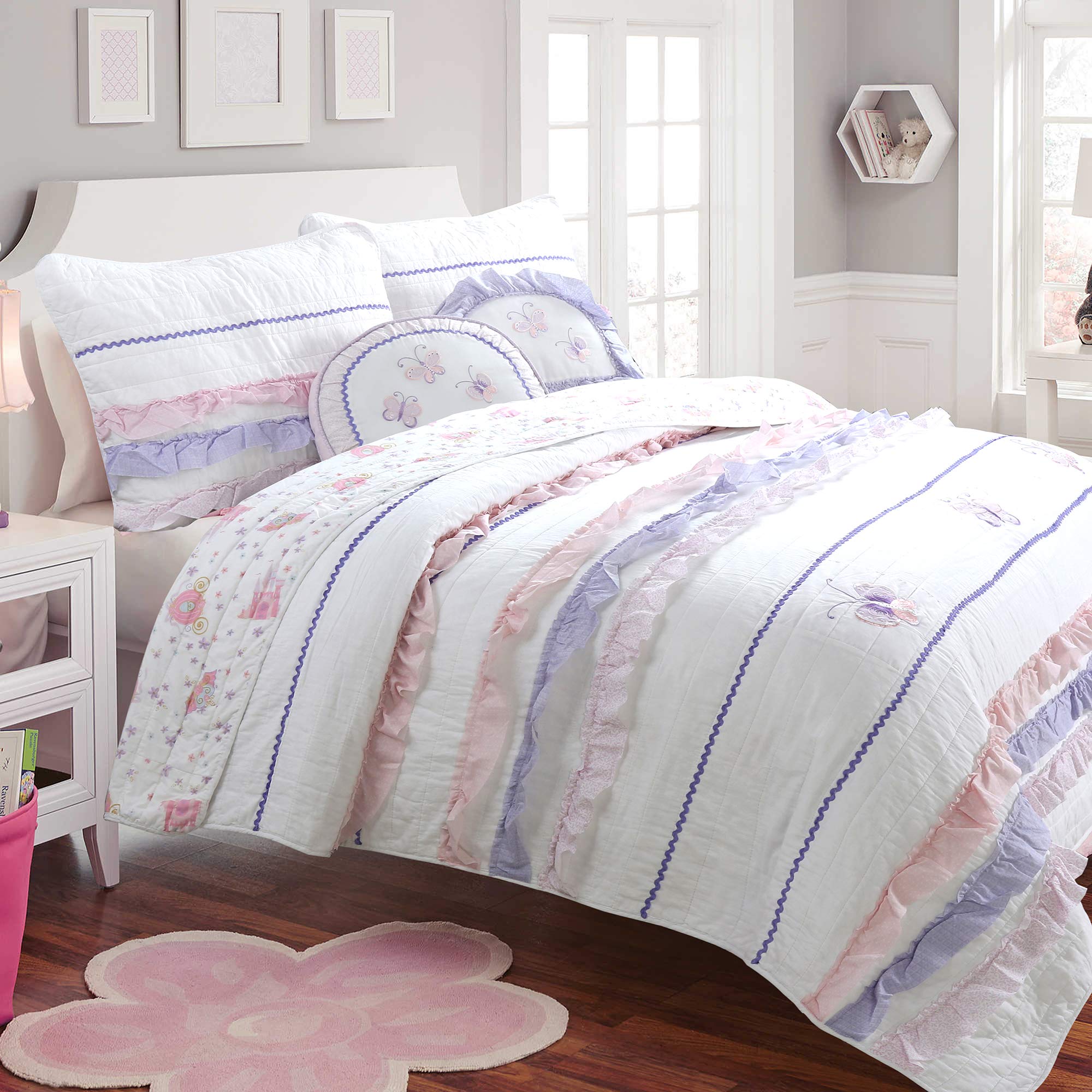 Butterfly Pink Reversible 100% Cotton Soft Quilt Bedding Set with Ruffle Trim - 3 Piece Queen Size (1 Quilt + 2 Shams) by Cozy Line Home Fashions - Perfect for Girls' Bedroom, Princess Theme Decor & Cozy Sleep