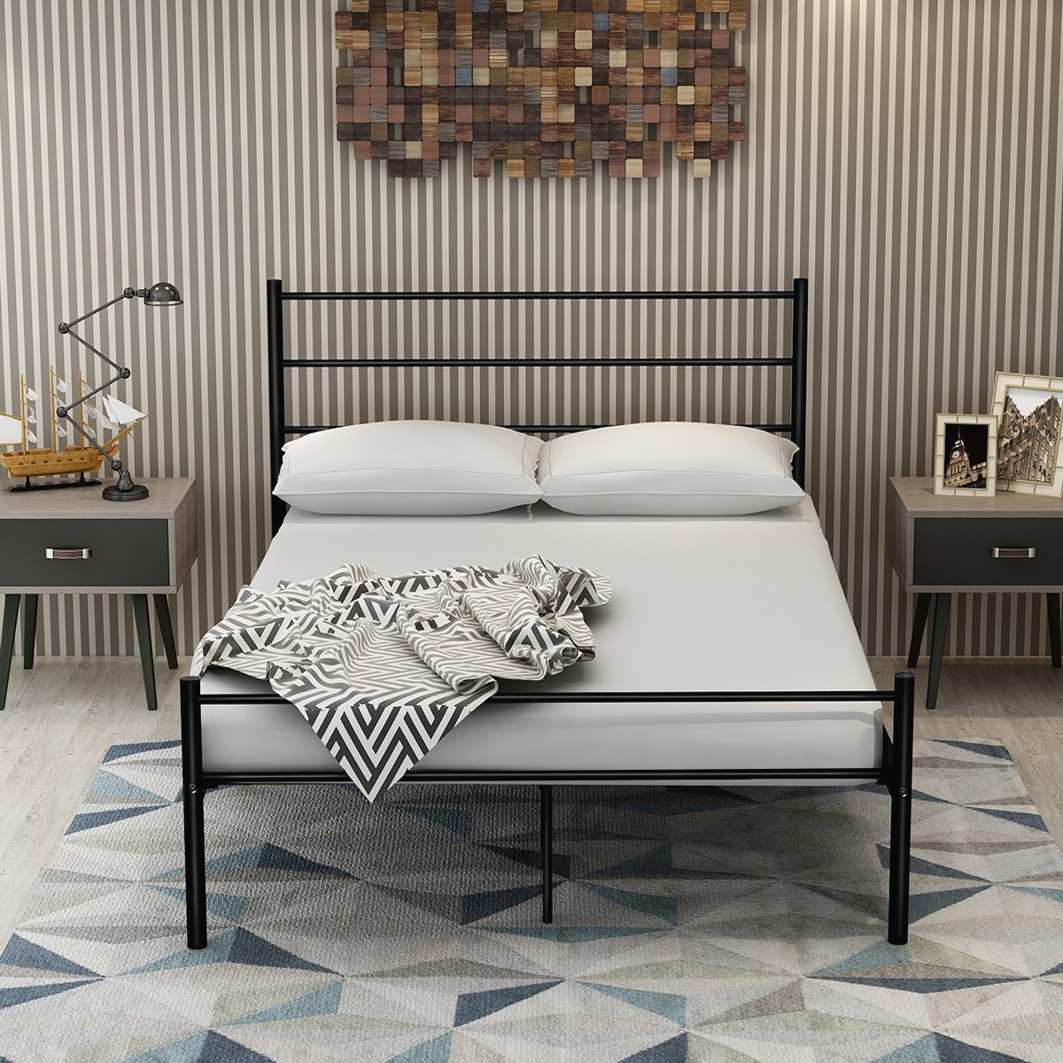 DUMEE Full Size Metal Bed Frame with Headboard & Footboard - Sturdy Platform Bed Frame with Slat Support, No Box Spring Needed - Black - Perfect for Modern Bedrooms, Guest Rooms & Dormitories