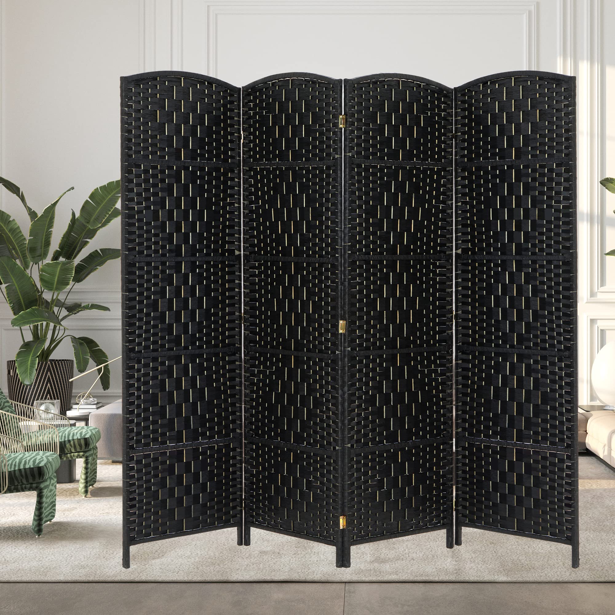 Spurgehom 6Ft Folding Room Divider - 4 Panel Privacy Screen for Home & Office - Portable Woven Partition with Diamond Double-Weave Design - Freestanding No Installation Needed (Black) - Perfect for Living Room, Bedroom, Studio or Event Space