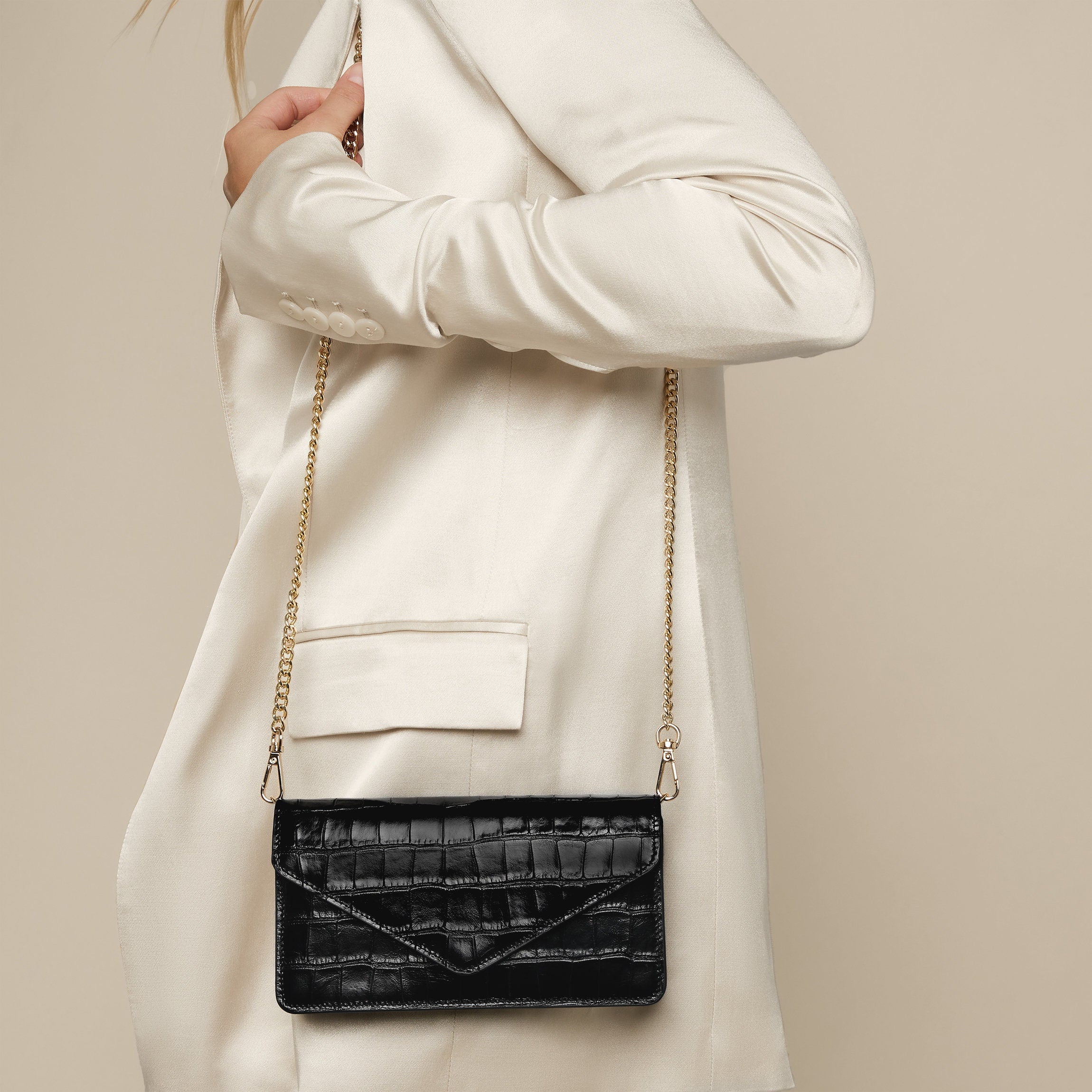 Small Willow Wallet on Chain - Black Crocodile Embossed Leather Crossbody Bag for Women | Perfect for Everyday Use, Travel & Night Out