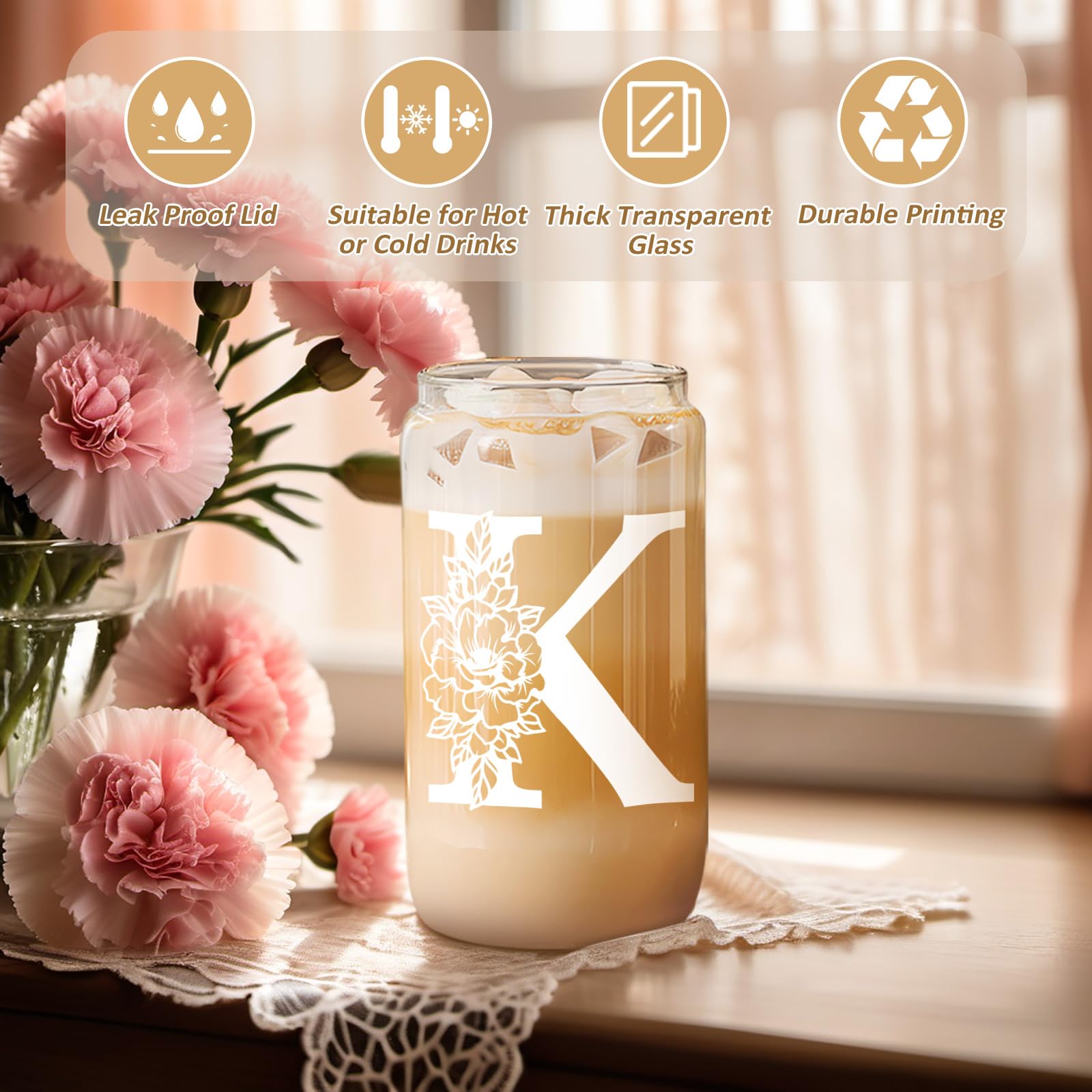 Personalized Coolife Initial Glass Cup - 16 oz Monogrammed Tumbler with Lid & Straw for Iced Coffee, Smoothies, Beer - Perfect Mothers Day, Birthday Gift for Women, Mom, Friend - Ideal for Home, Office, Travel Use