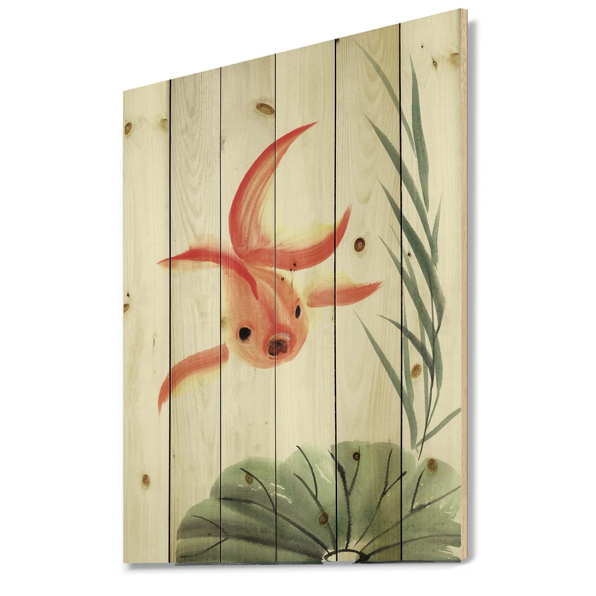 Vintage Goldfish & Lotus Leaf Nautical Coastal Wood Wall Art - Handmade Pine Wood Panel Decor with Large Animal Print - Perfect for Beach House, Living Room, or Office Wall Decoration