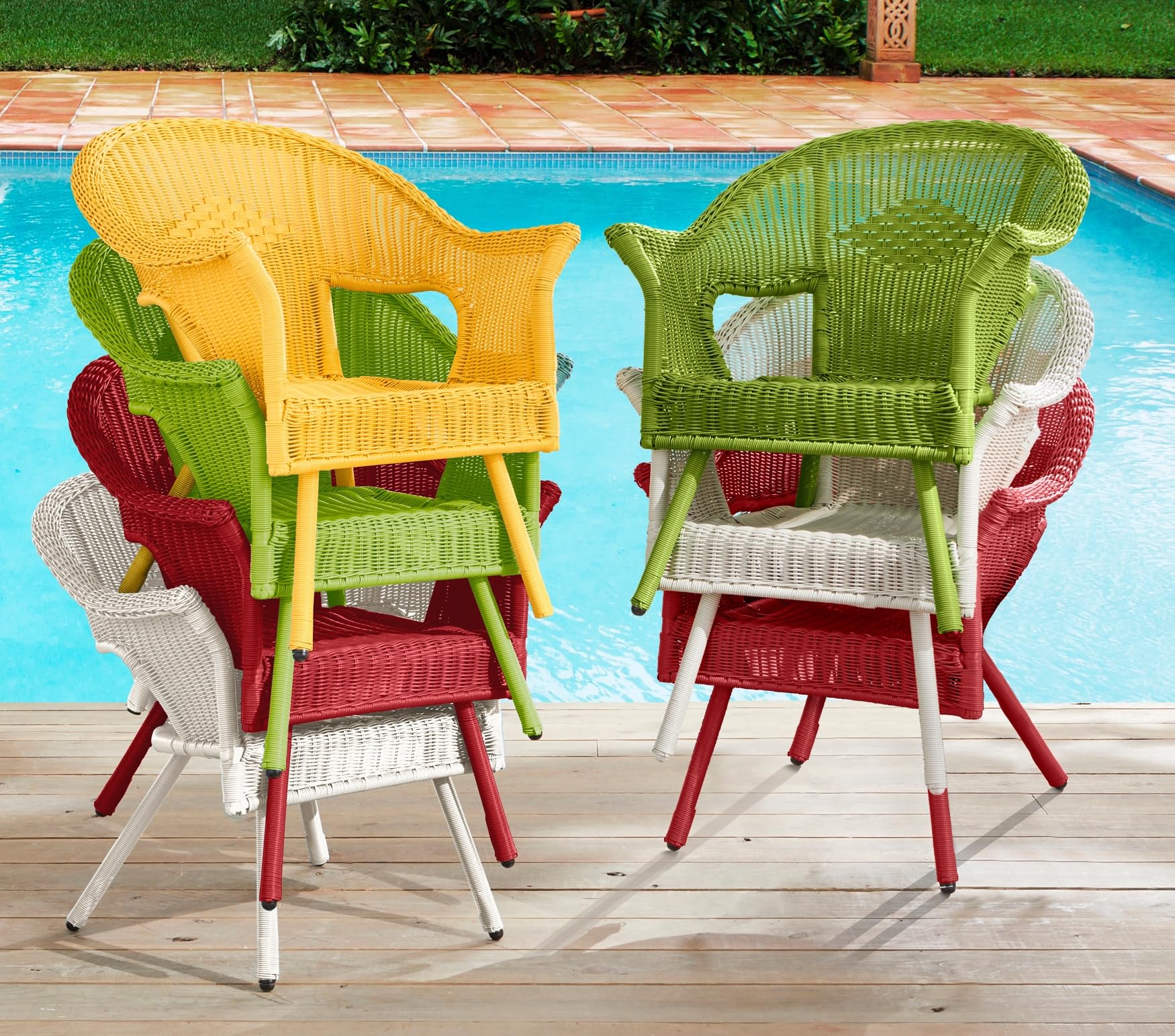BrylaneHome Outdoor Weather Resistant Roma Hand-Woven Resin Wicker Stacking Chair with Free Cushions - 250 lb Capacity, Coral | Perfect for Patio, Backyard, Deck, Garden & Poolside Relaxation