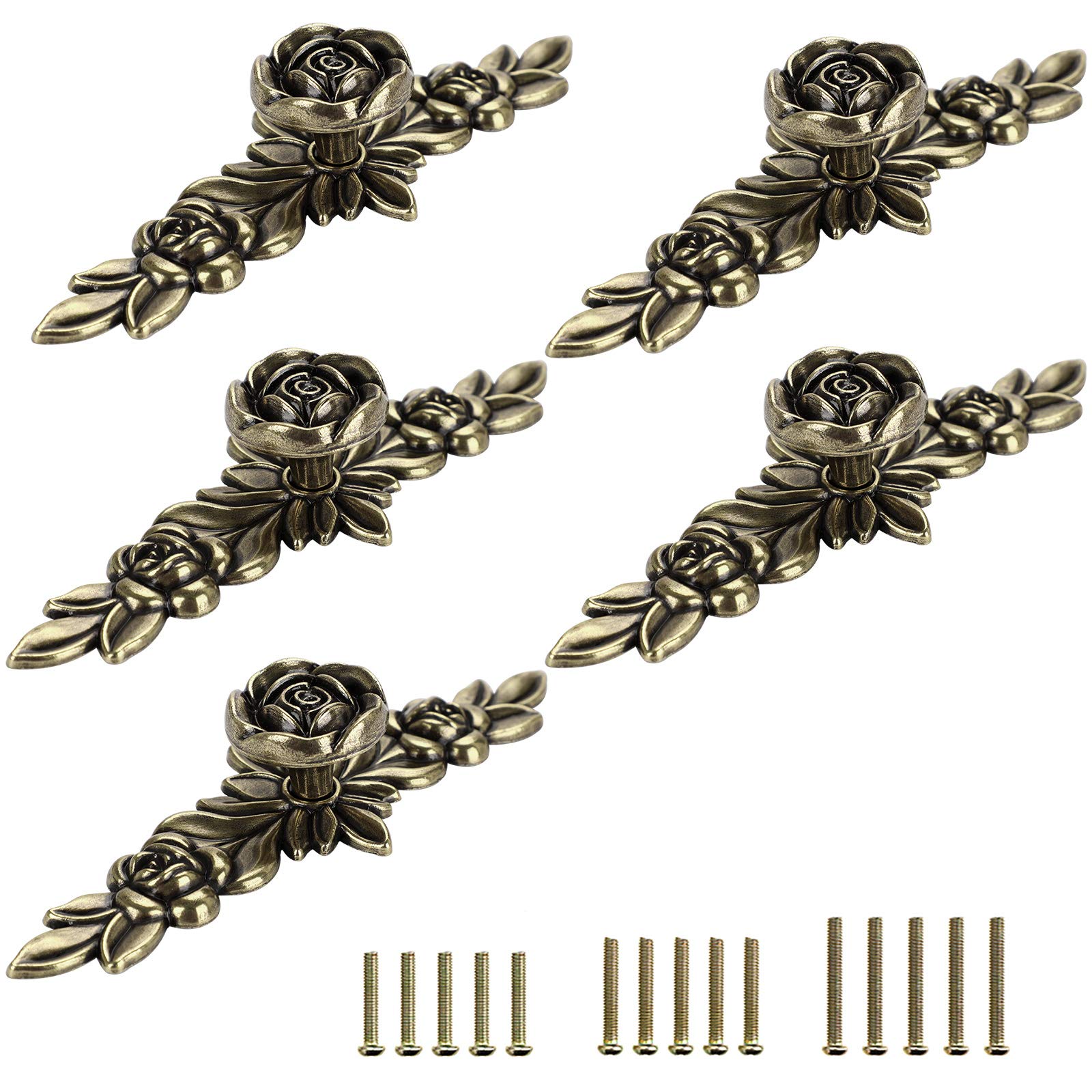 JUXYES Pack of 5 Euro Style Floral Ivory Cabinet Knobs with Backplate - Vintage Rose Drawer Pulls for Dresser, Cupboard & Furniture (Perfect for Bedroom, Bathroom & Kitchen Cabinets)