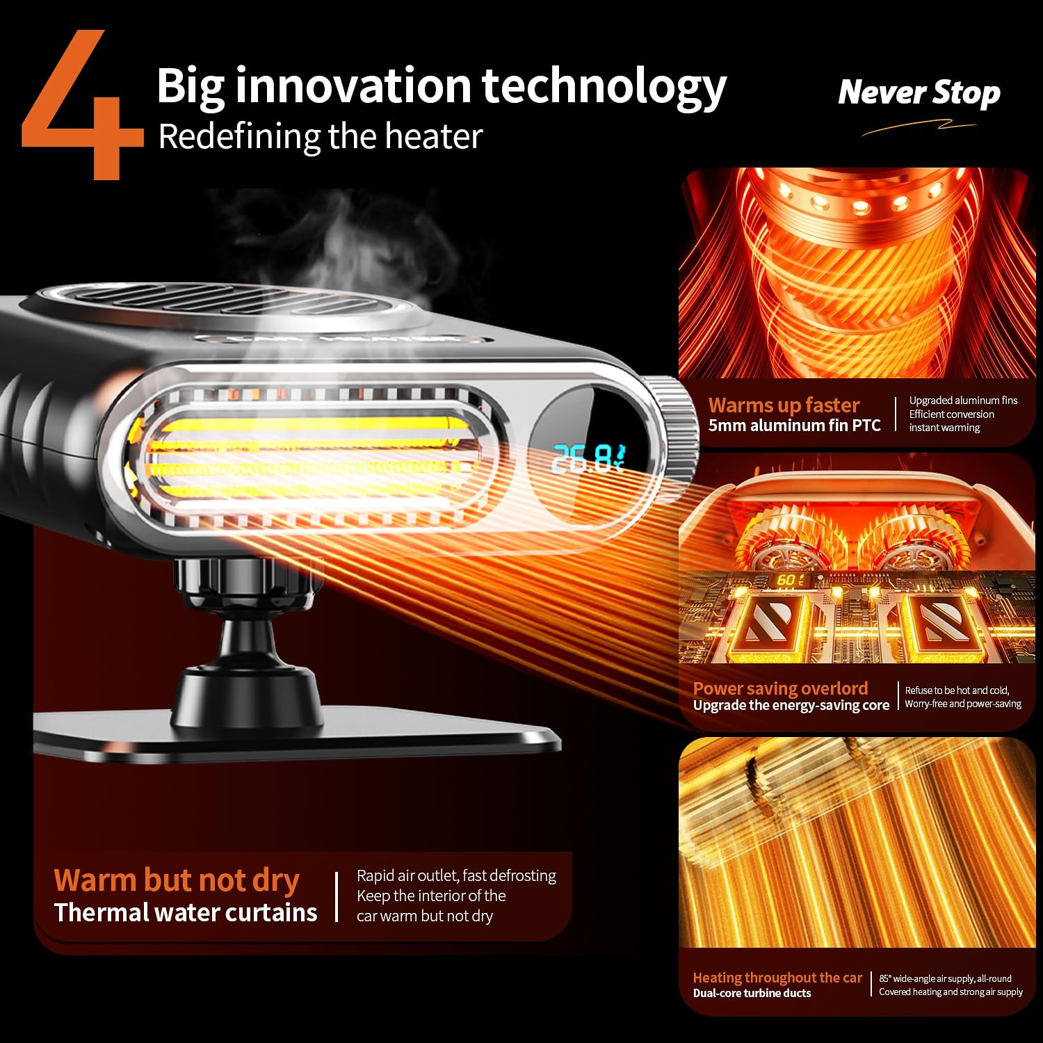 12V 150W Portable Car Heater with Digital Temperature Controller - 3-Stage Outlet & 360° Rotation - Fast Heating for Winter Driving, Camping & Road Trips - Black (Model S108)