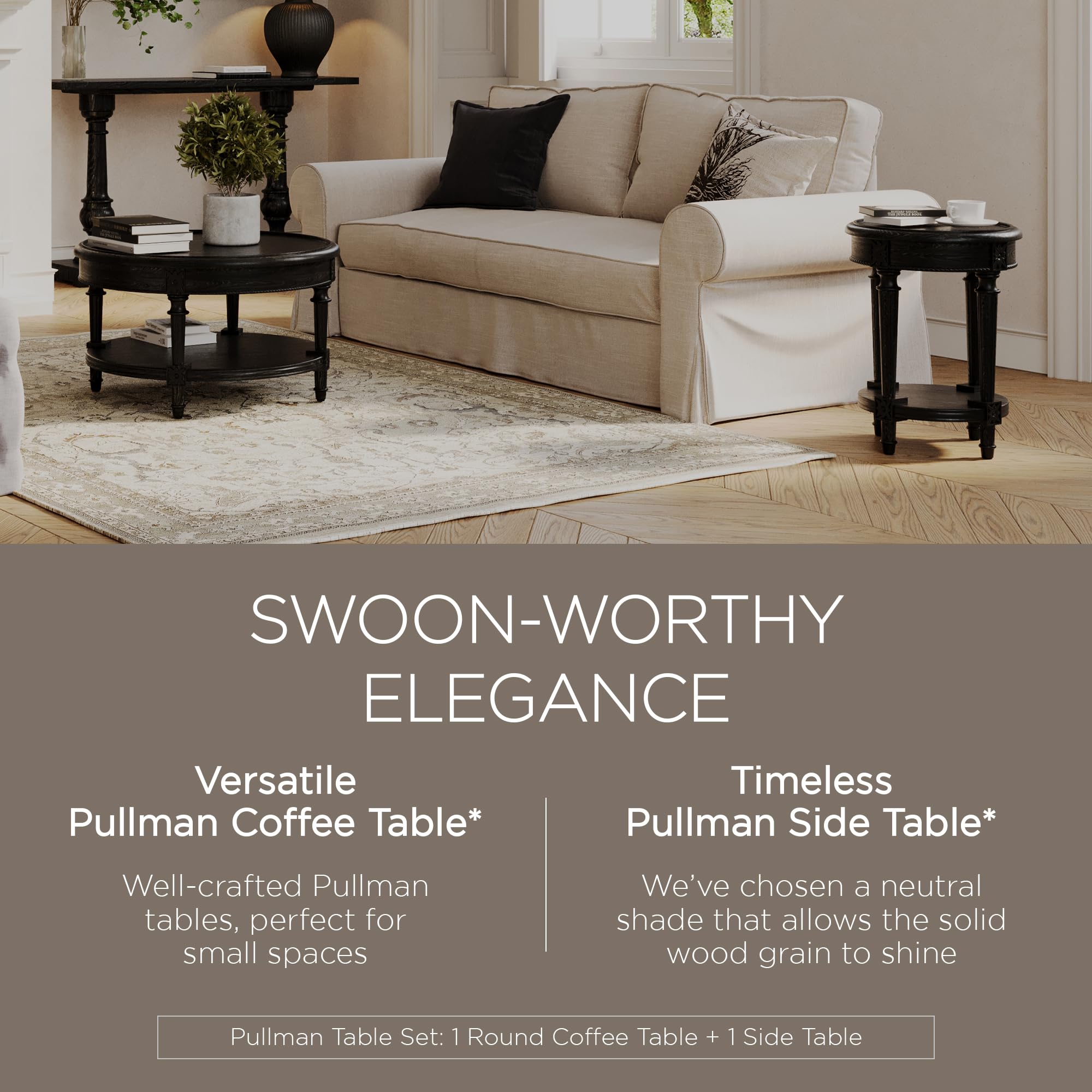 Rustic Black Wooden Coffee Table Set with Storage - Maven Lane Pullman Round Center Table & Side Table for Living Room, Lounge, or Office Decor