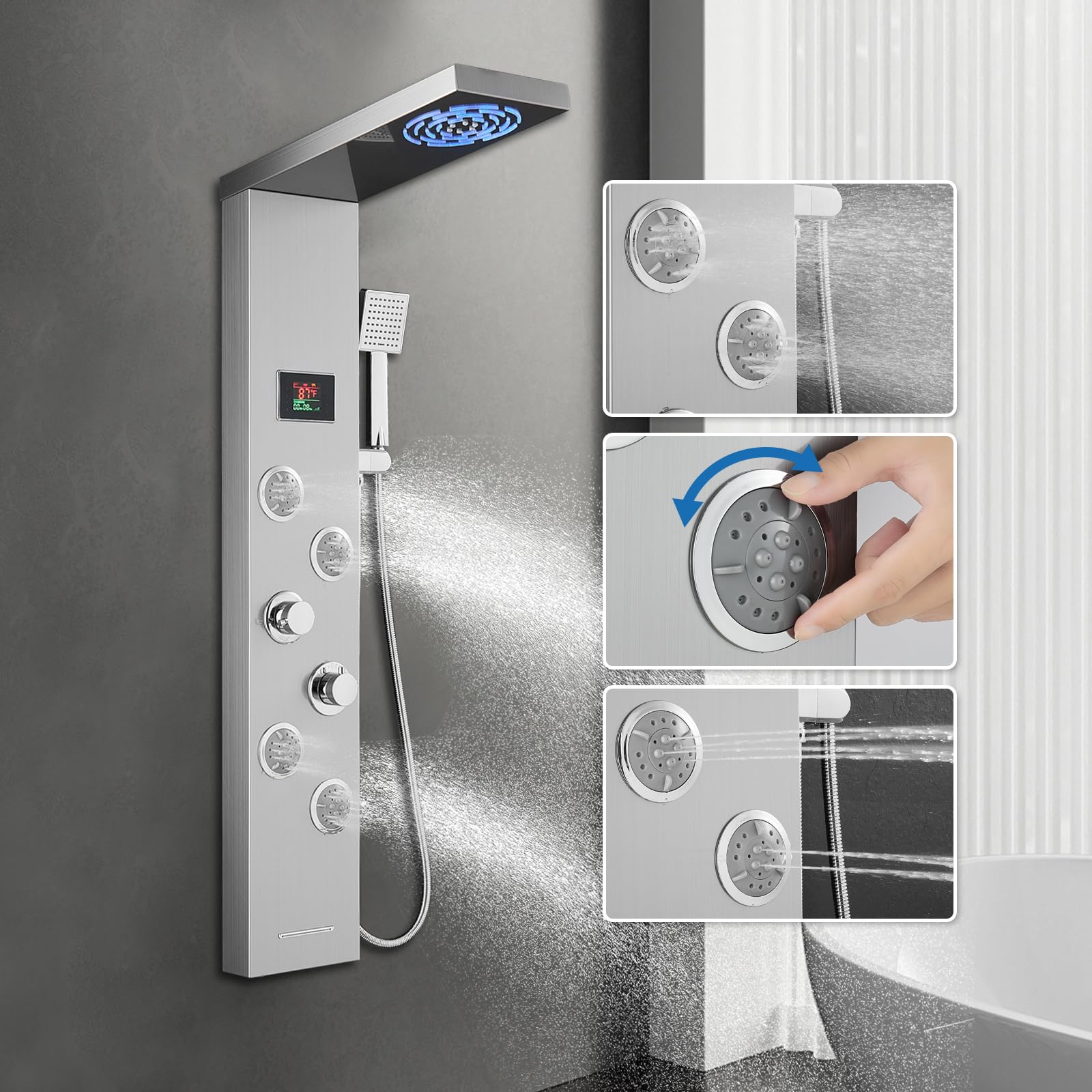 Stainless Steel Shower Panel System with LED Lights - Rainfall, Mist, Body Jets, Handheld & Tub Spout | No Battery Needed, Temperature Display | Perfect for Luxury Bathroom & Spa Experience | 304 Brushed Finish