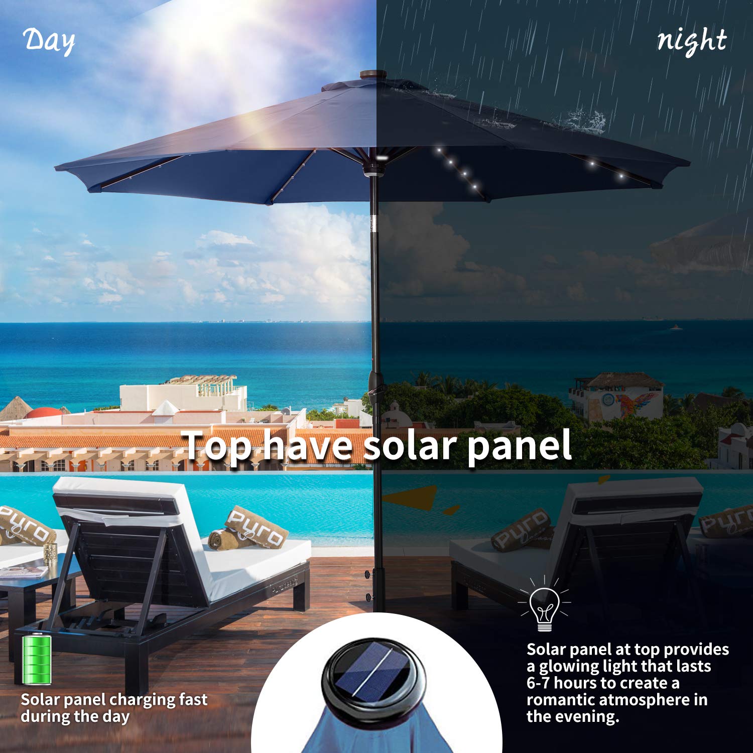 10 FT Outdoor Patio Umbrella with LED Lights - Tilt & Crank Market Umbrella with 8 Sturdy Ribs for Garden, Poolside, Restaurant, and Backyard Dining