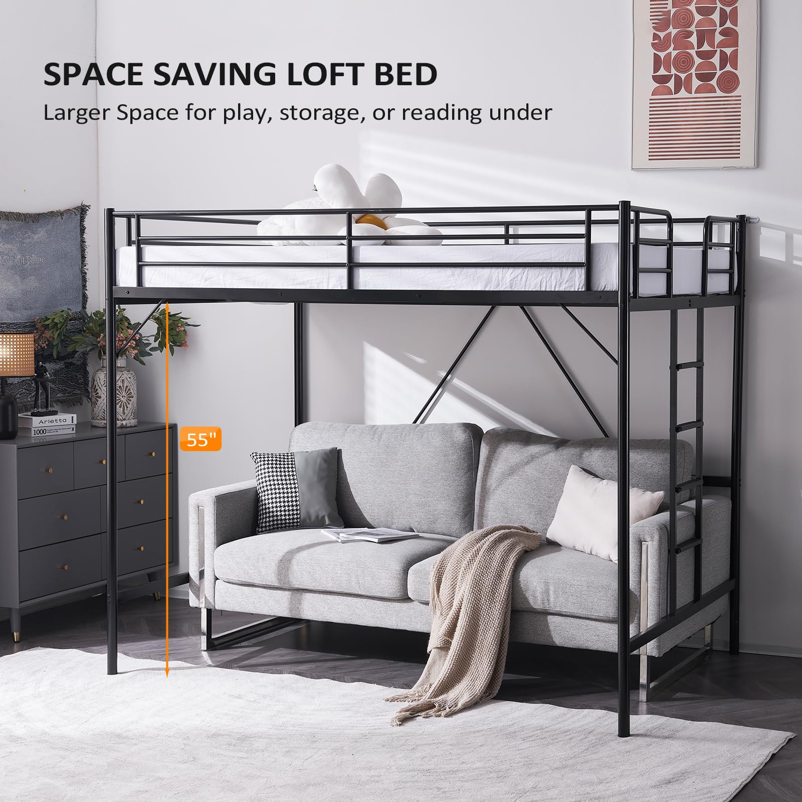 VINGLI Full Size Loft Bed with Flat Rungs - Sturdy Metal Slat Support for Adults, Kids & Teens - No Box Spring Needed - Perfect for Small Spaces, Dorm Rooms & Kids' Bedrooms