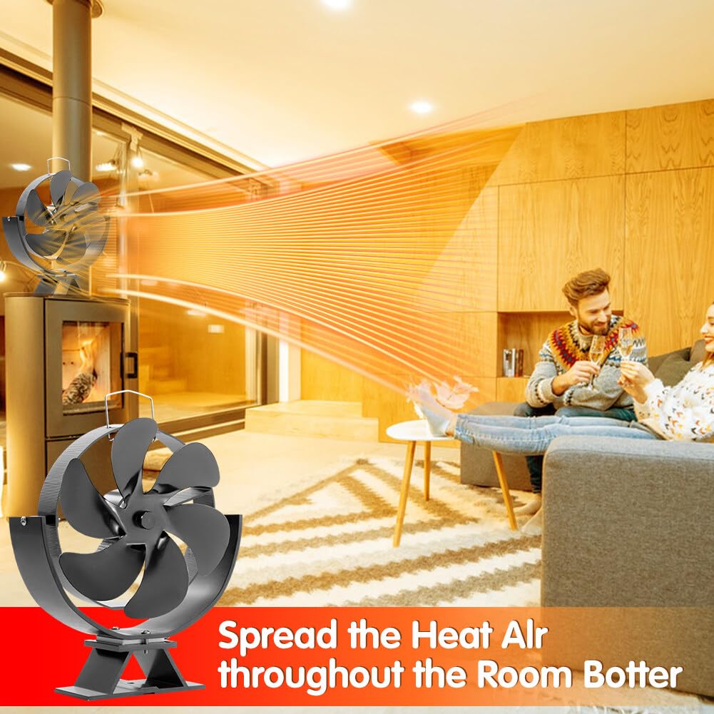 6-Blade Heat Powered Fireplace Fan - Adjustable Silent Wood Stove Fan for Efficient Warm Air Circulation - Perfect for Home, Living Room, Kitchen & Garage Heating