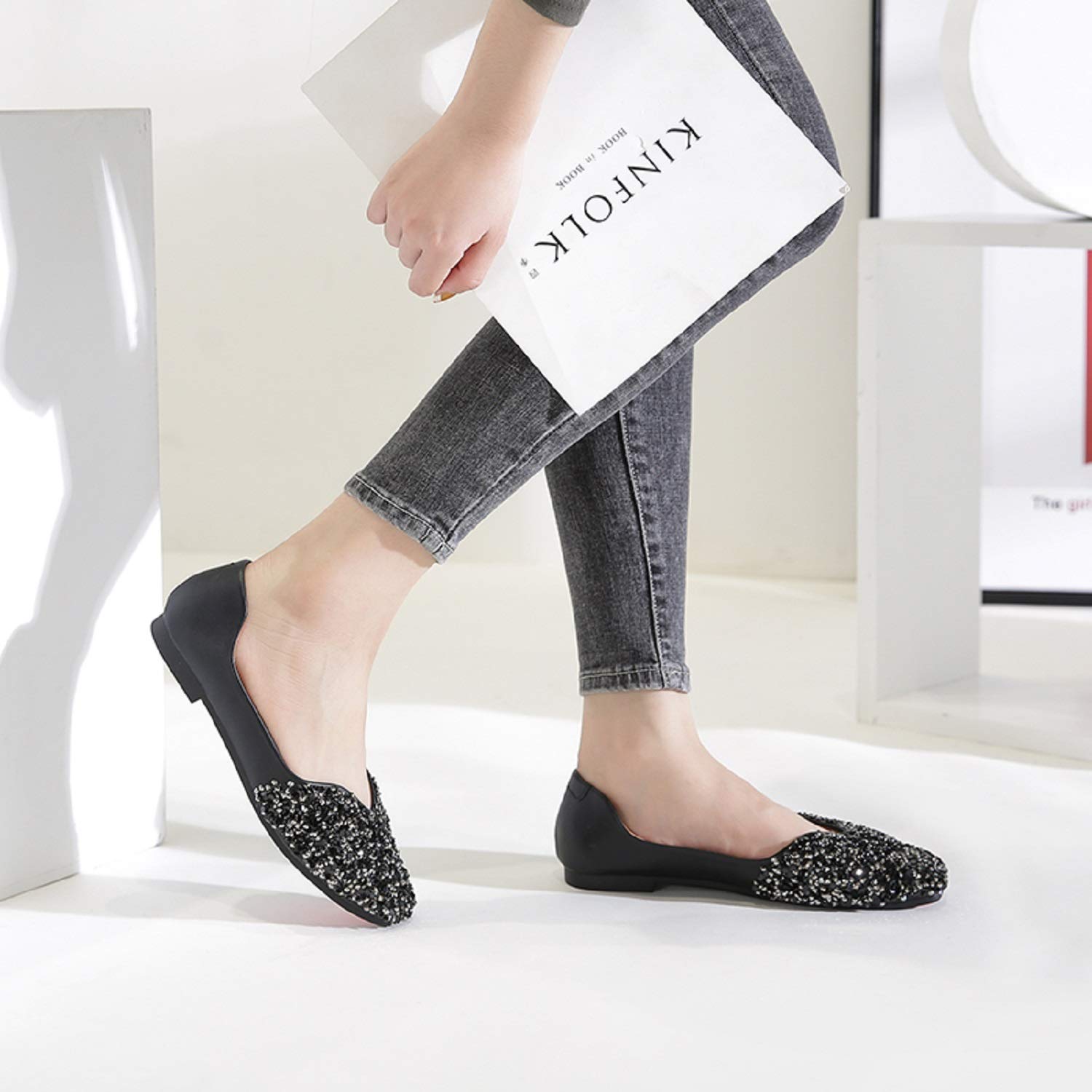 Women's Rhinestone Square Toe Ballet Flats - Comfortable Slip On Low Heel Dress Shoes for Wedding, Party & Formal Occasions
