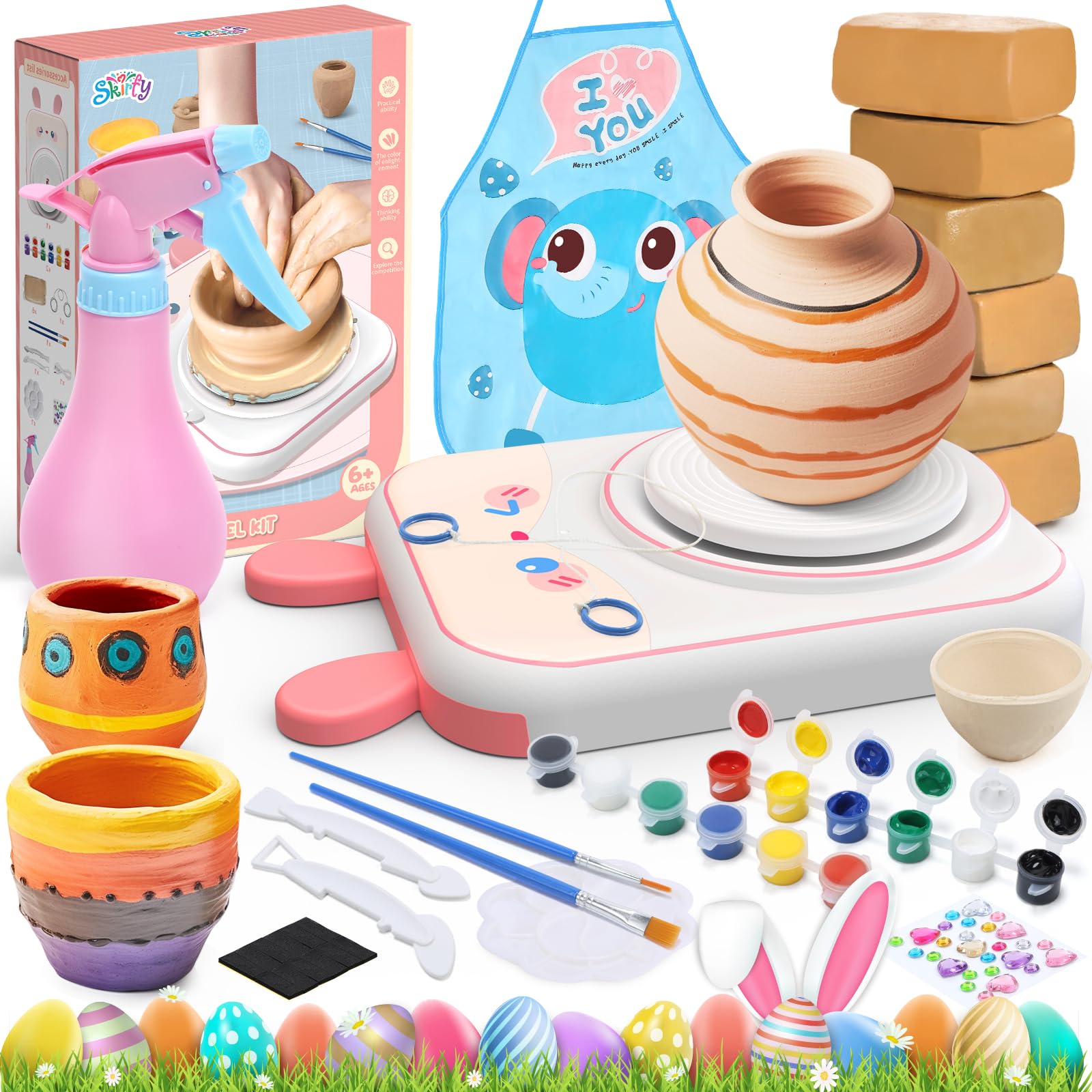 Skirfy Pottery Wheel for Kids Ages 8-12 - Complete Clay Sculpting & Painting Kit with 6 Packs Modeling Clays - Best DIY Art & Craft Gift for Girls & Boys - Perfect for Easter, Birthday & Creative Play at Home or School