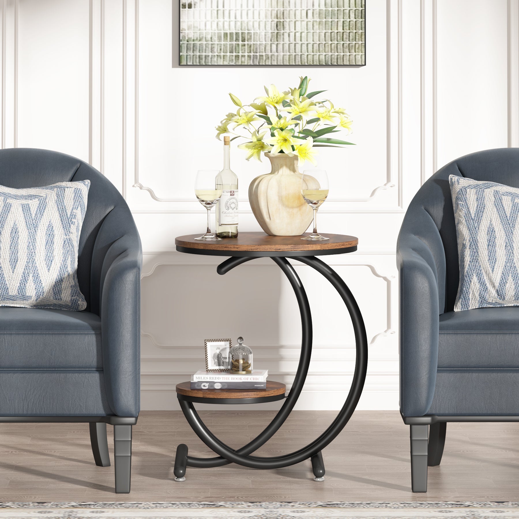 2 Tier End Table with C-Shaped Frame - Small Accent Side Table for Living Room, Bedroom & Office - Modern Nightstand with Storage Shelf